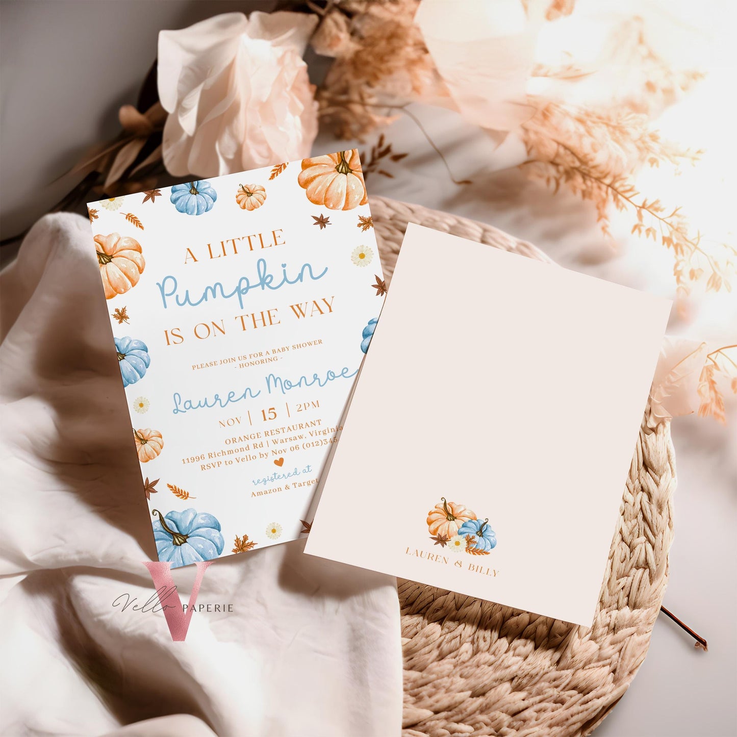 Neutral Gender Little Pumpkin Fall Baby Shower Invitation | Autumn Floral Pumpkin Baby Shower Invite | Modern Boho Blue Orange Pumpkin Baby