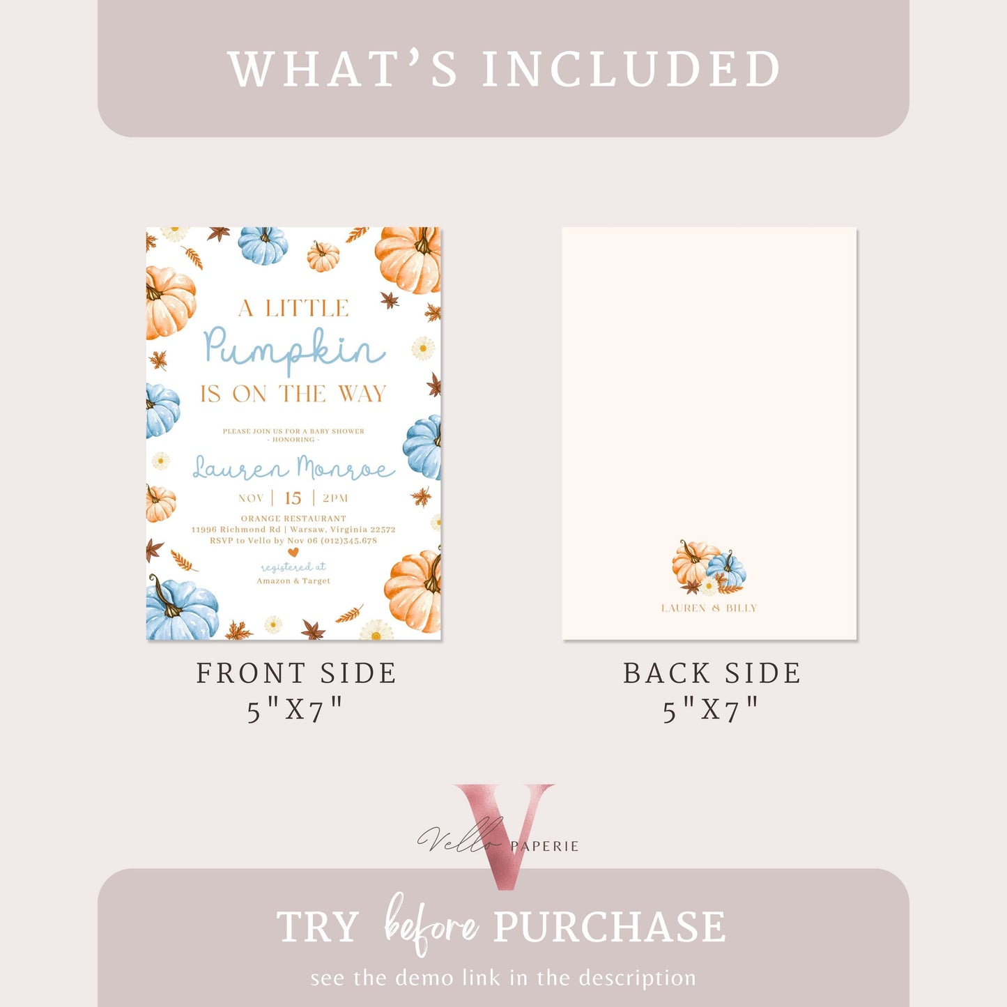 Neutral Gender Little Pumpkin Fall Baby Shower Invitation | Autumn Floral Pumpkin Baby Shower Invite | Modern Boho Blue Orange Pumpkin Baby