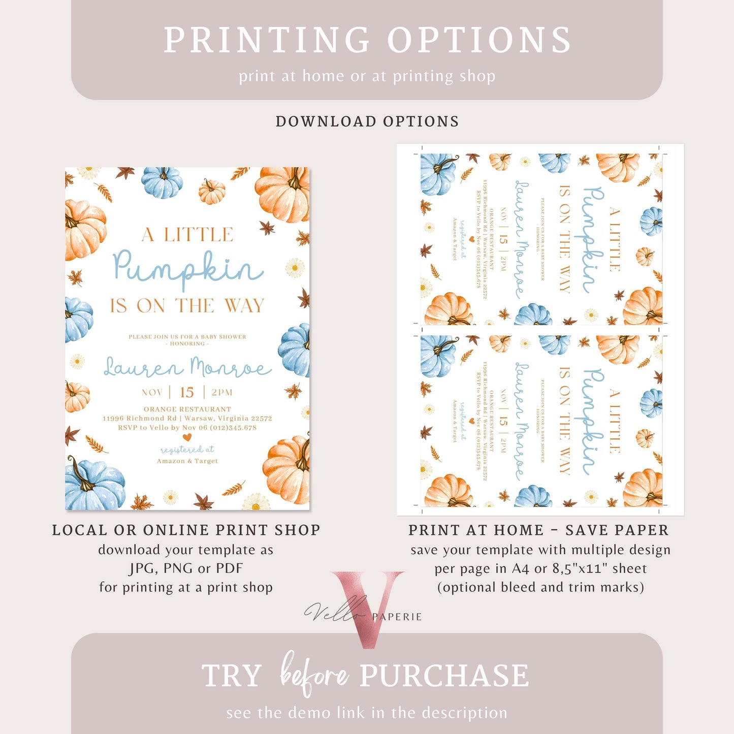 Neutral Gender Little Pumpkin Fall Baby Shower Invitation | Autumn Floral Pumpkin Baby Shower Invite | Modern Boho Blue Orange Pumpkin Baby