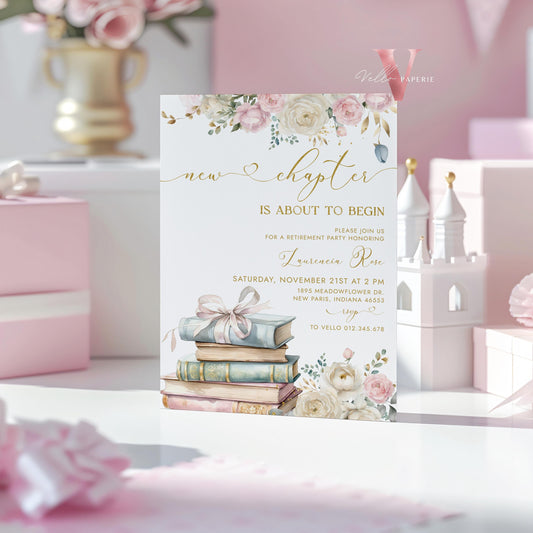 Storybook Retirement Party Invitation | New Chapter is About to Begin Book Retire Celebration Invite | Modern Gold Retirement Party