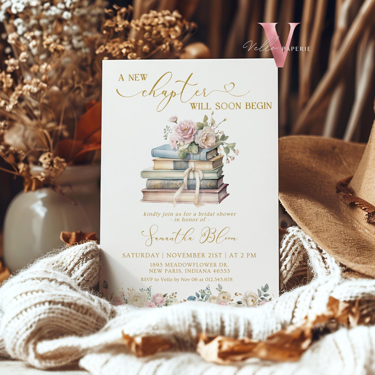 Neutral Gold Storybook Bridal Shower Invitation | New Chapter is About to Begin Book Bridal Shower Invite | Book Lover Bride Shower Editable