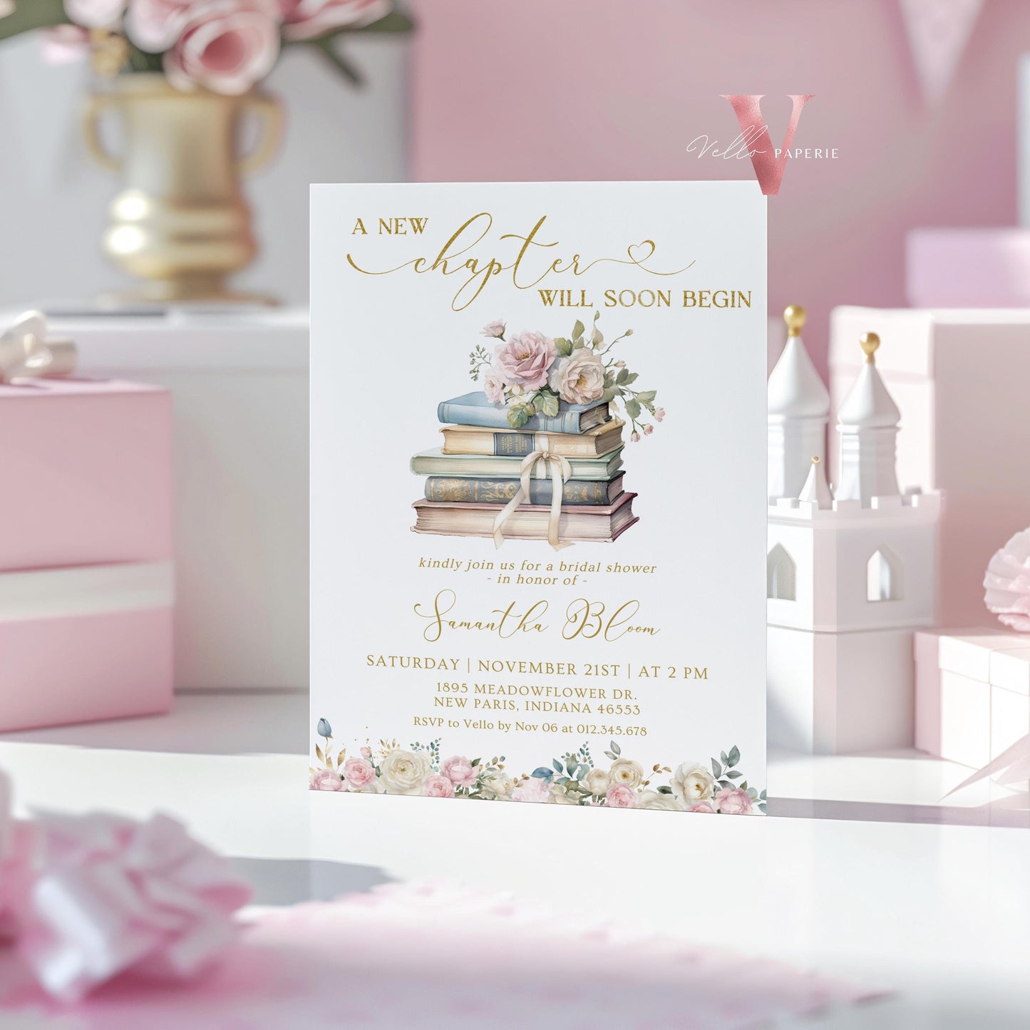 Neutral Gold Storybook Bridal Shower Invitation | New Chapter is About to Begin Book Bridal Shower Invite | Book Lover Bride Shower Editable
