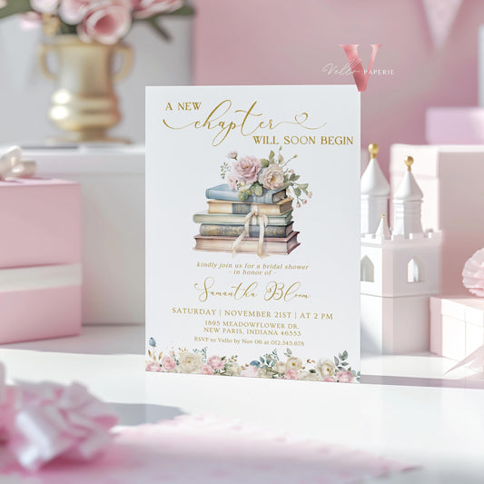 Neutral Gold Storybook Bridal Shower Invitation | New Chapter is About to Begin Book Bridal Shower Invite | Book Lover Bride Shower Editable