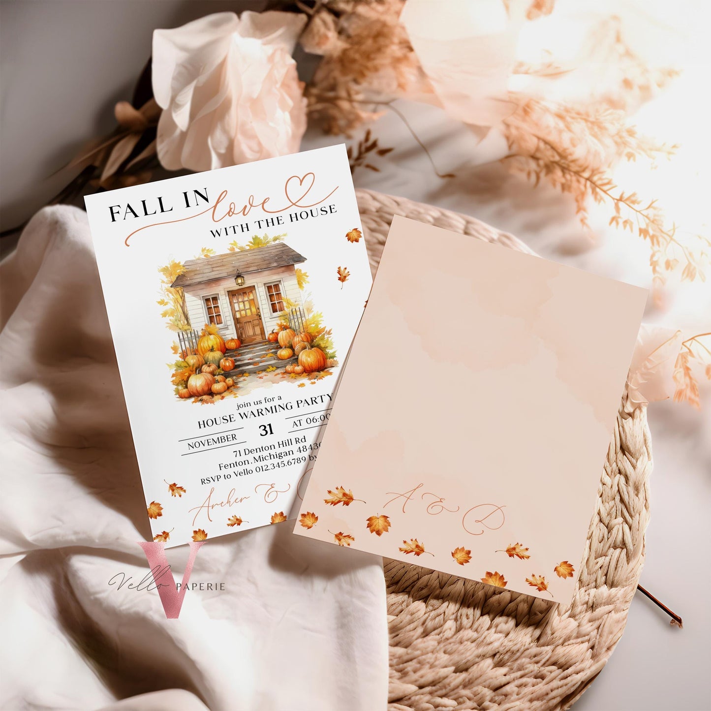 FALL in Love House Warming Invitation | Autumn Boho Pumpkin Home Sweet Home Party Invite | Modern Rustic New House Celebration Fall Leaves