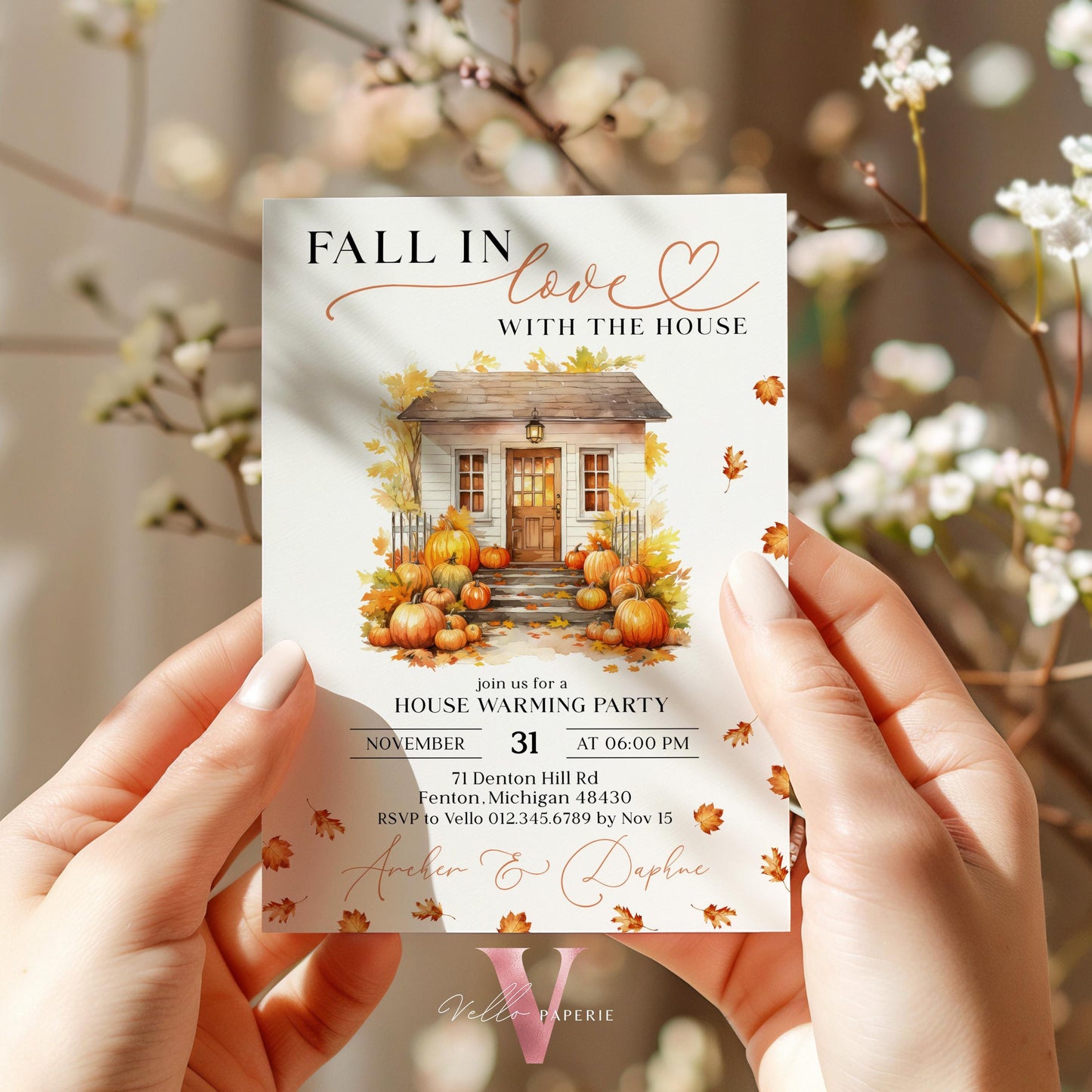 FALL in Love House Warming Invitation | Autumn Boho Pumpkin Home Sweet Home Party Invite | Modern Rustic New House Celebration Fall Leaves