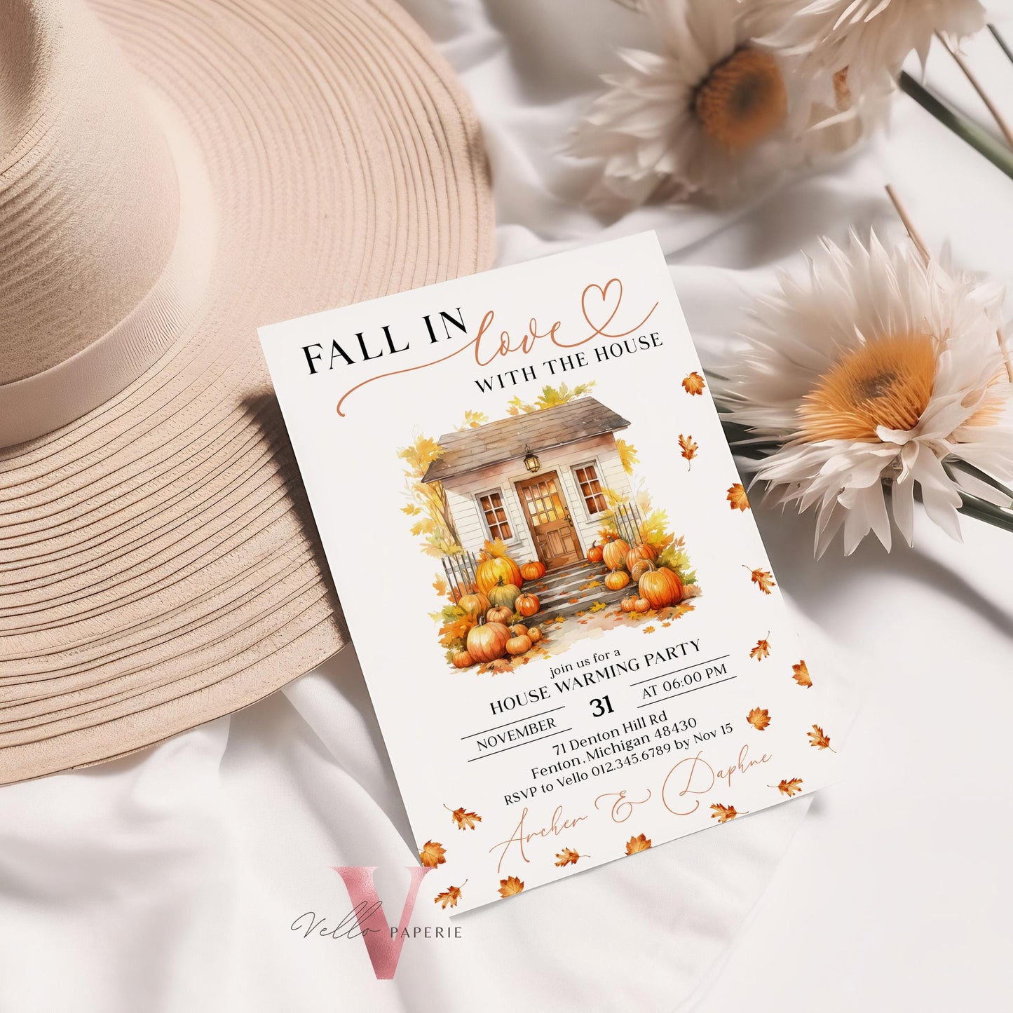 FALL in Love House Warming Invitation | Autumn Boho Pumpkin Home Sweet Home Party Invite | Modern Rustic New House Celebration Fall Leaves