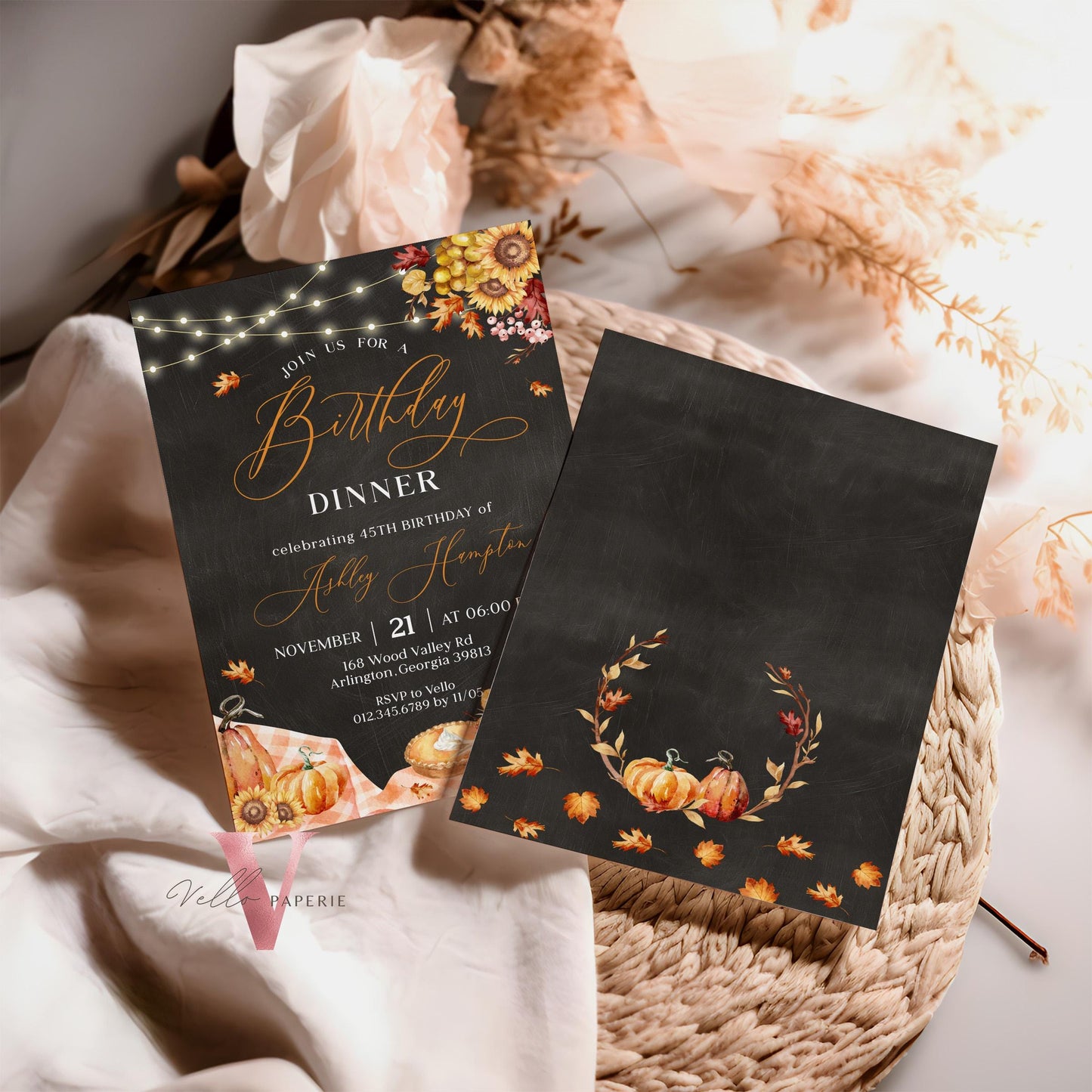 Editable FALL Birthday Dinner Brunch Invitation | Autumn Floral Pumpkin Party Invite | Neutral Blackboard Terracota Thanksgiving Birthday