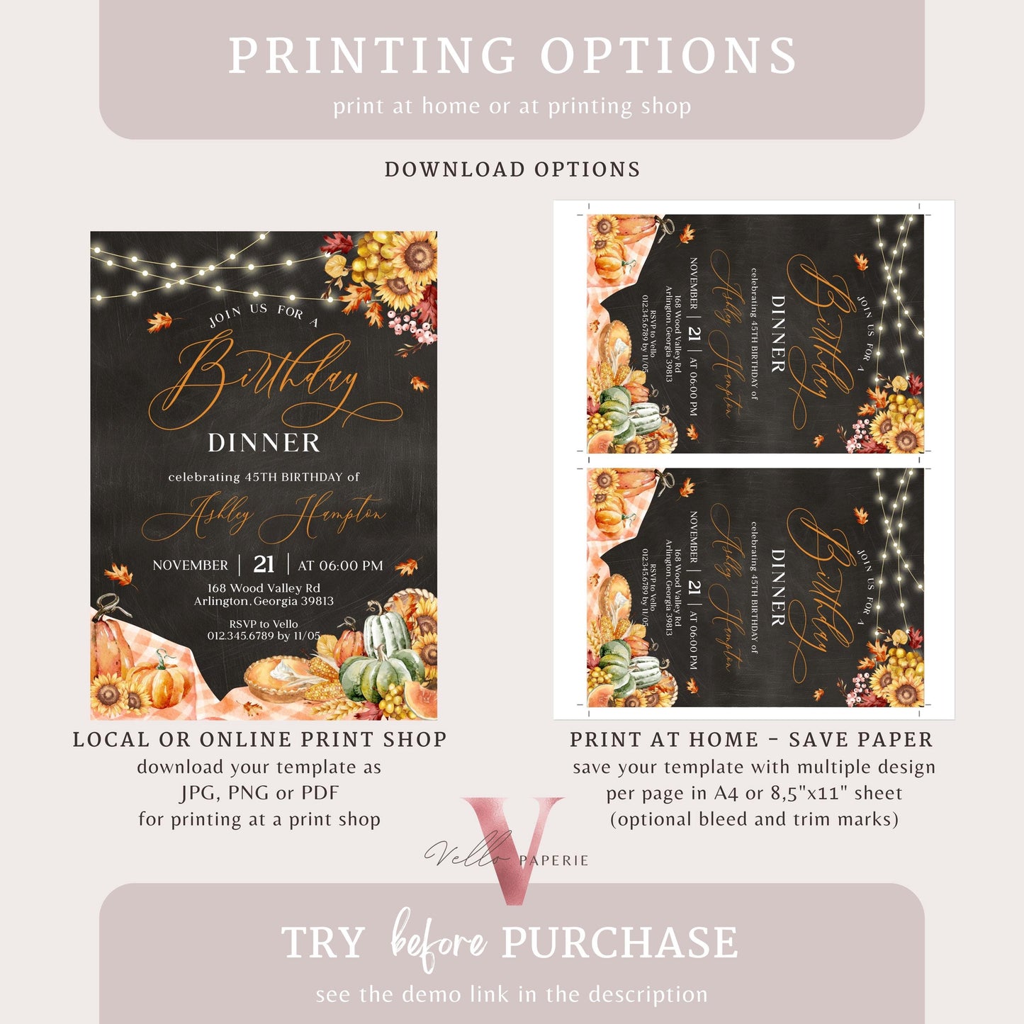 Editable FALL Birthday Dinner Brunch Invitation | Autumn Floral Pumpkin Party Invite | Neutral Blackboard Terracota Thanksgiving Birthday