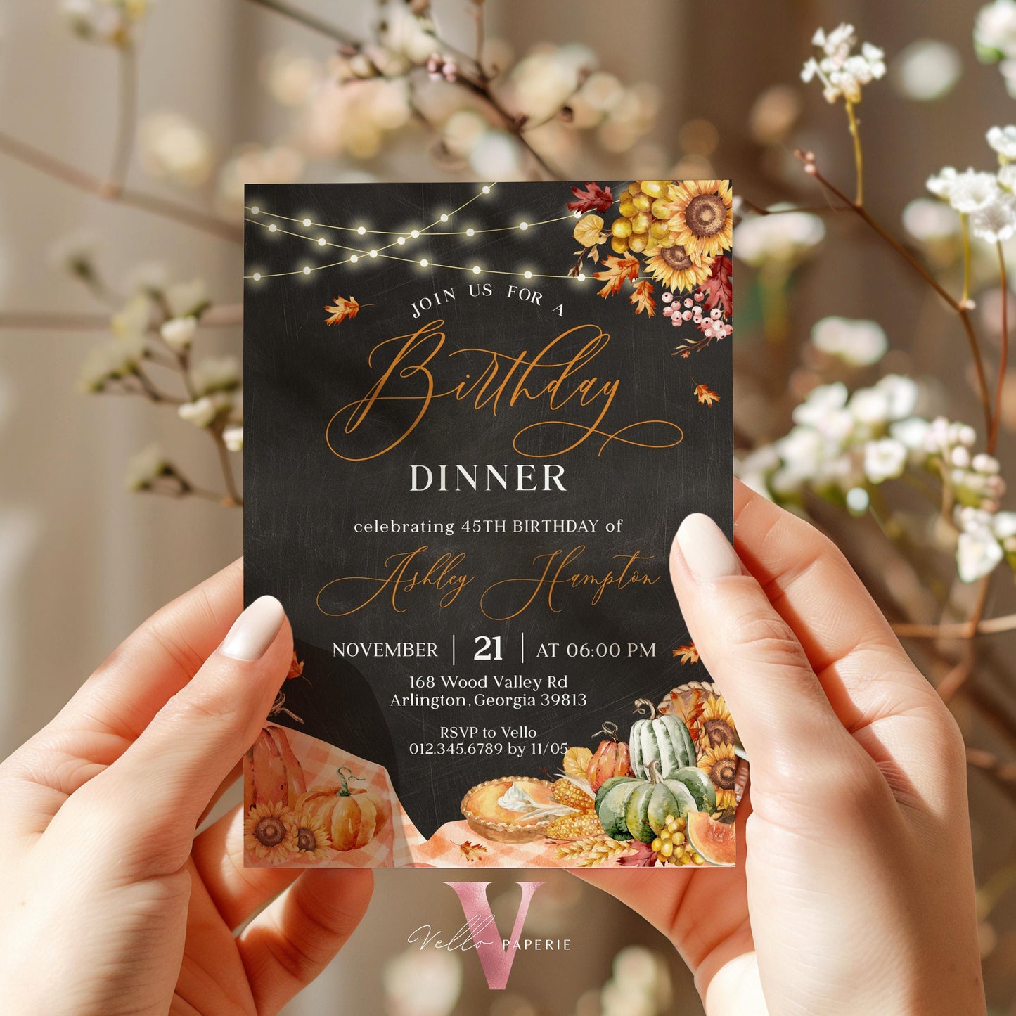 Editable FALL Birthday Dinner Brunch Invitation | Autumn Floral Pumpkin Party Invite | Neutral Blackboard Terracota Thanksgiving Birthday