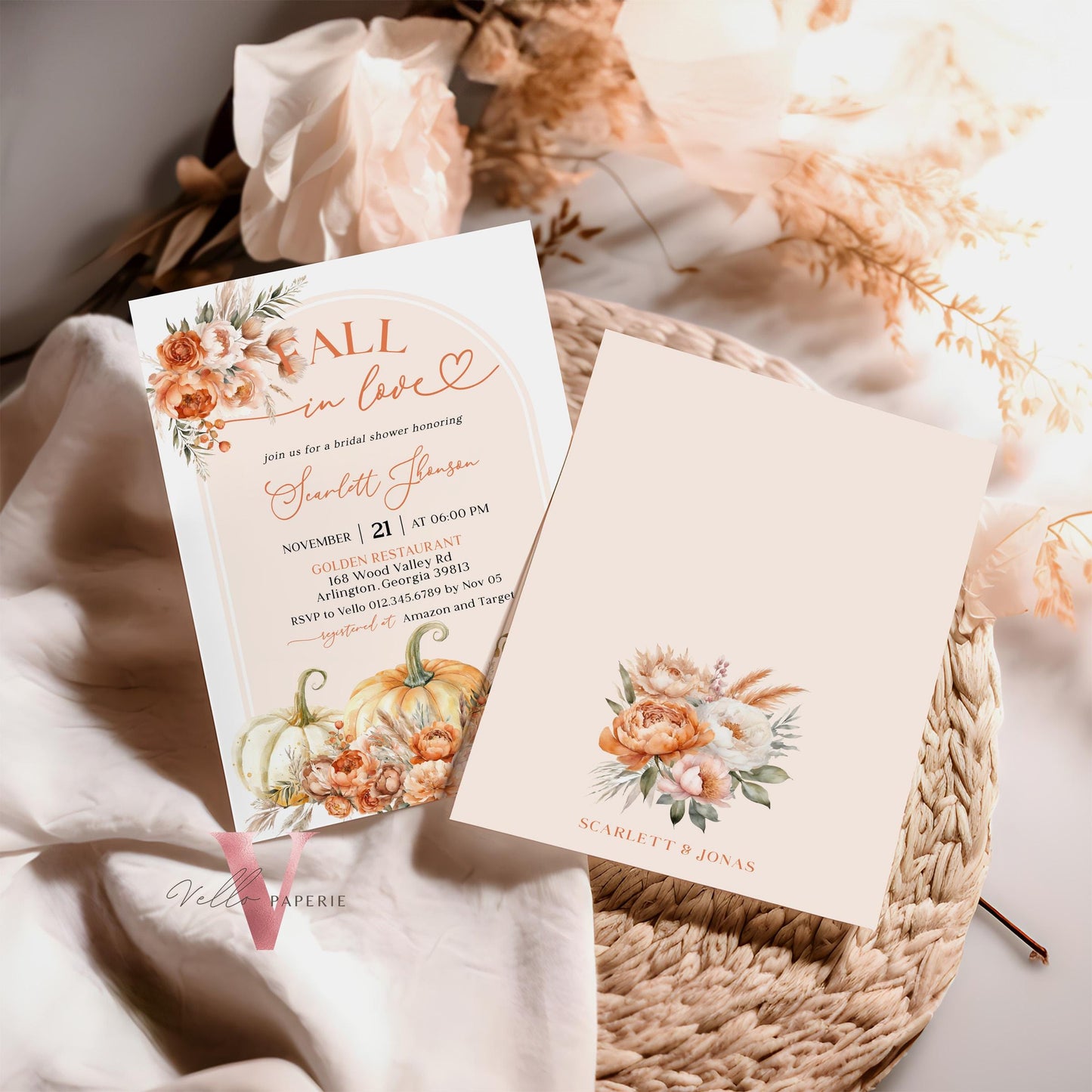 Editable Pumpkin FALL IN LOVE Bridal Shower Invitation | Autumn Flower Bride Shower Invite | Modern Terracota Rustic Flower Wedding Shower