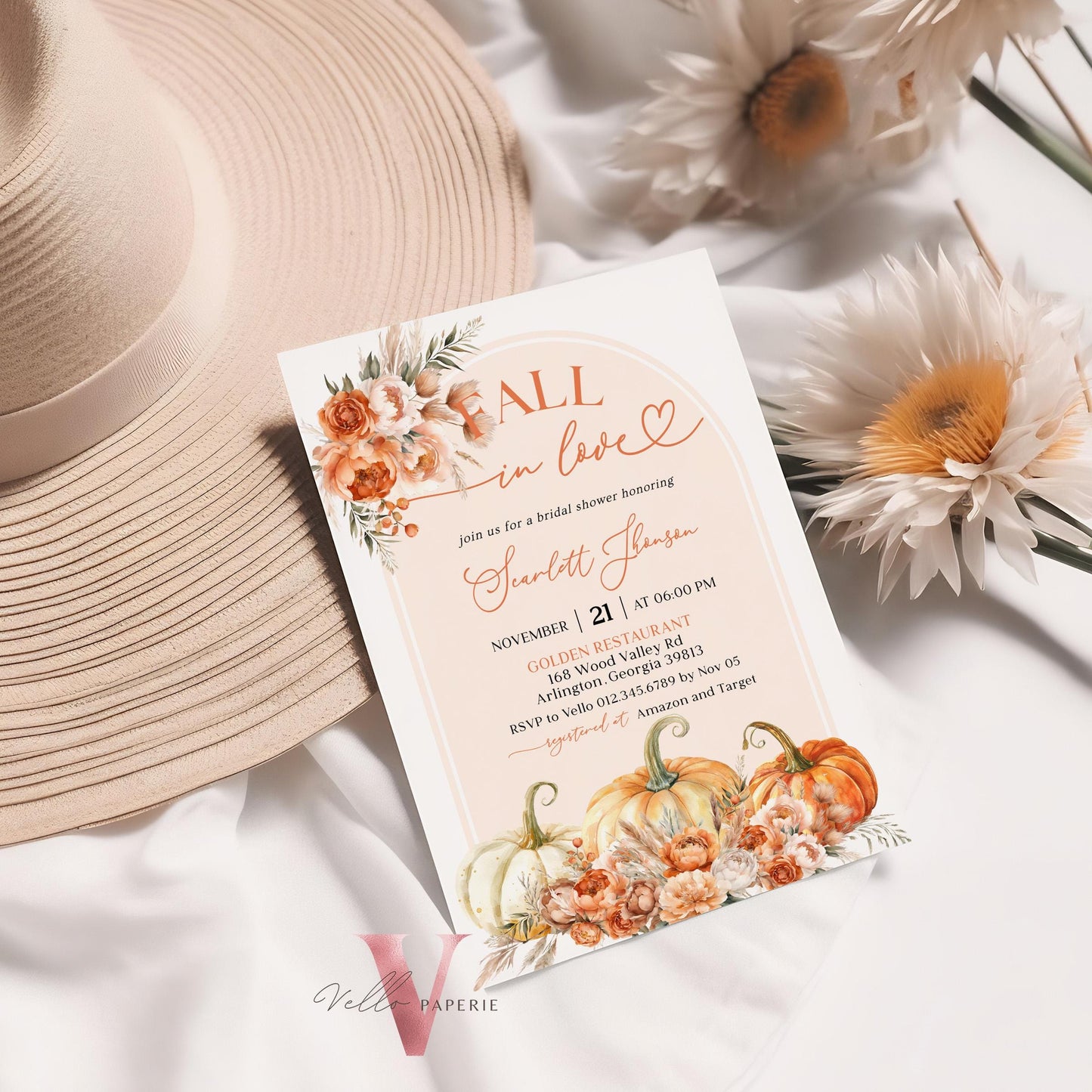 Editable Pumpkin FALL IN LOVE Bridal Shower Invitation | Autumn Flower Bride Shower Invite | Modern Terracota Rustic Flower Wedding Shower