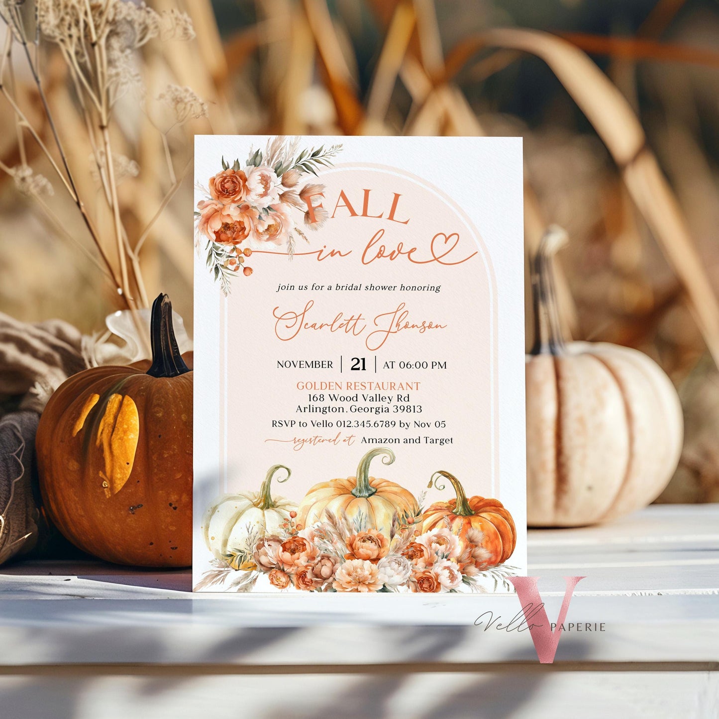 Editable Pumpkin FALL IN LOVE Bridal Shower Invitation | Autumn Flower Bride Shower Invite | Modern Terracota Rustic Flower Wedding Shower