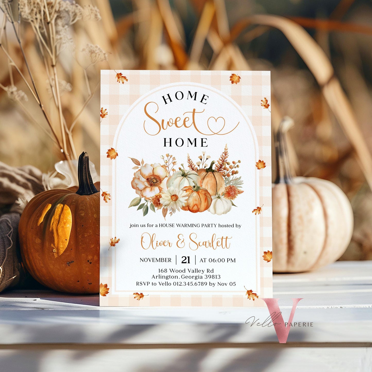 Neutral FALL Pumpkin Home Sweet Home Party Invite | Autumn Floral House Warming Invitation | Modern Boho Rustic New House Celebration Flower