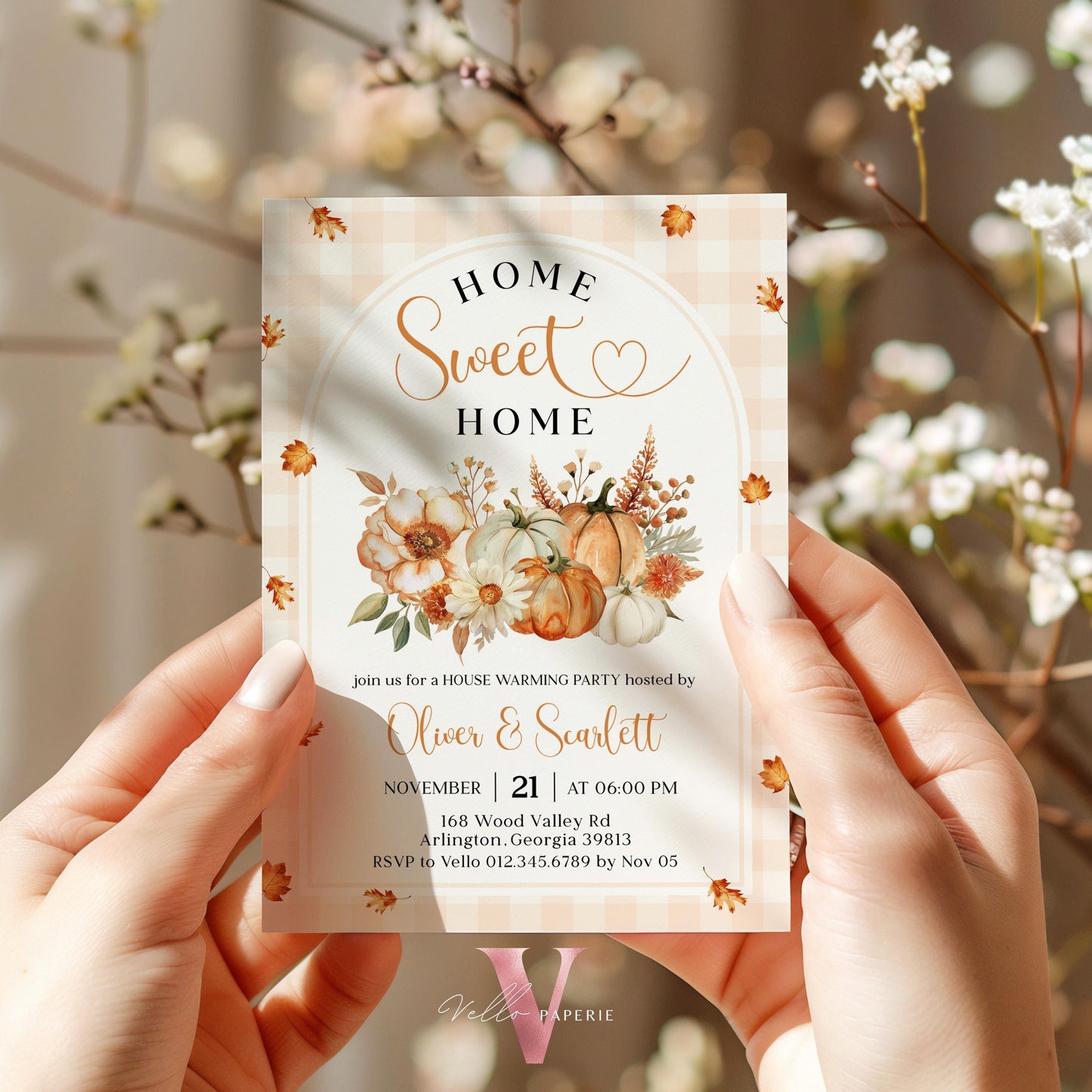 Neutral FALL Pumpkin Home Sweet Home Party Invite | Autumn Floral House Warming Invitation | Modern Boho Rustic New House Celebration Flower