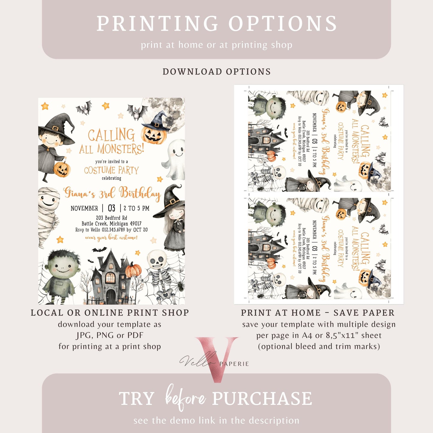 Editable Spooky Monster Halloween Kid Birthday Invitation | Neutral Cute Halloween Ghost Invite | ANY AGE Spooktacular Costume Party