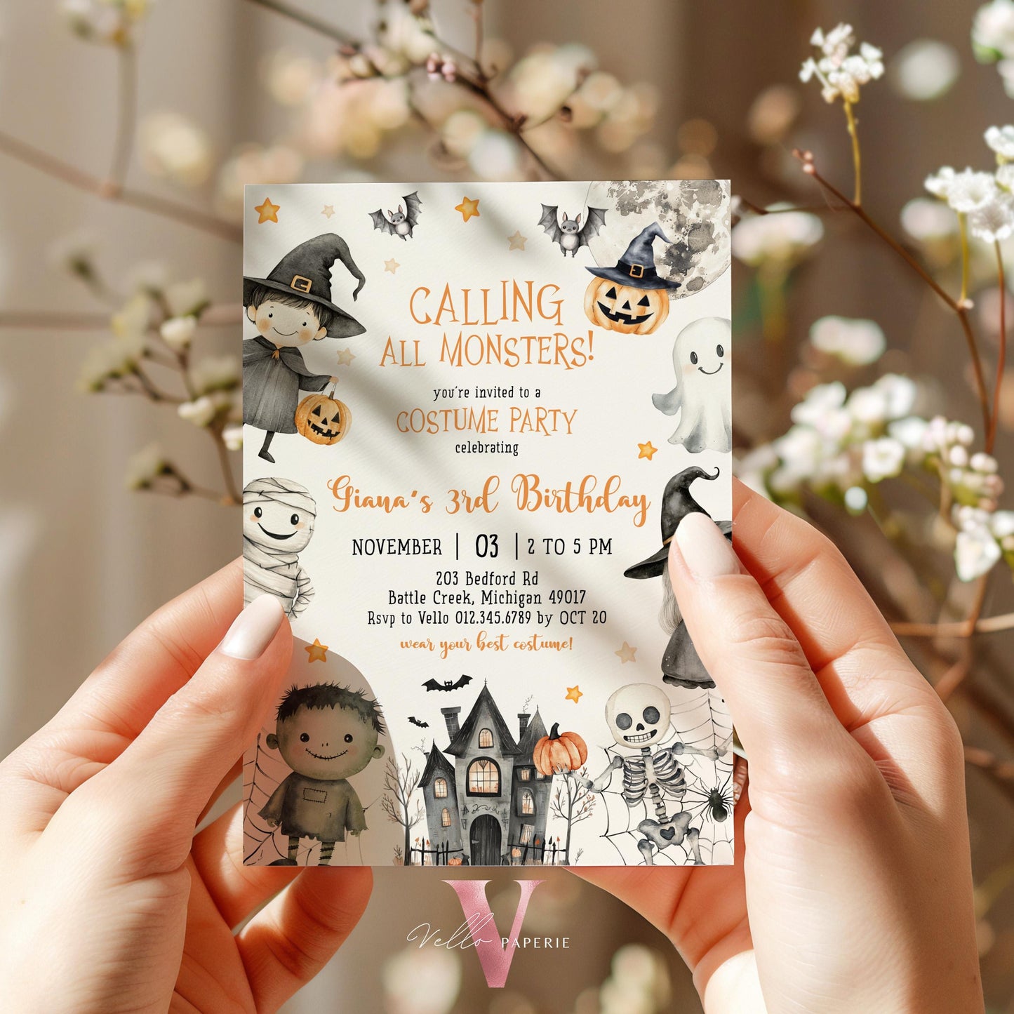 Editable Spooky Monster Halloween Kid Birthday Invitation | Neutral Cute Halloween Ghost Invite | ANY AGE Spooktacular Costume Party