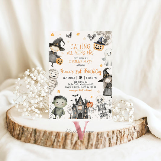 Editable Spooky Monster Halloween Kid Birthday Invitation | Neutral Cute Halloween Ghost Invite | ANY AGE Spooktacular Costume Party