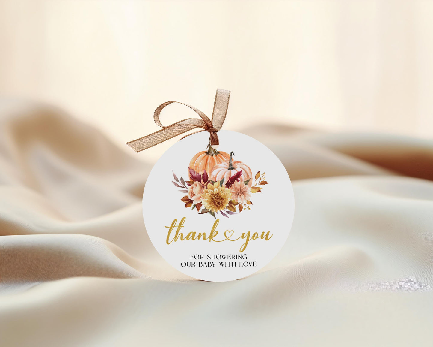 Editable FALL Little Pumpkin is on the way Baby Shower Favor Tag | Autumn Floral Pumpkin Thankyou Card | Flower Pumpkin Baby Round Tag FPB01