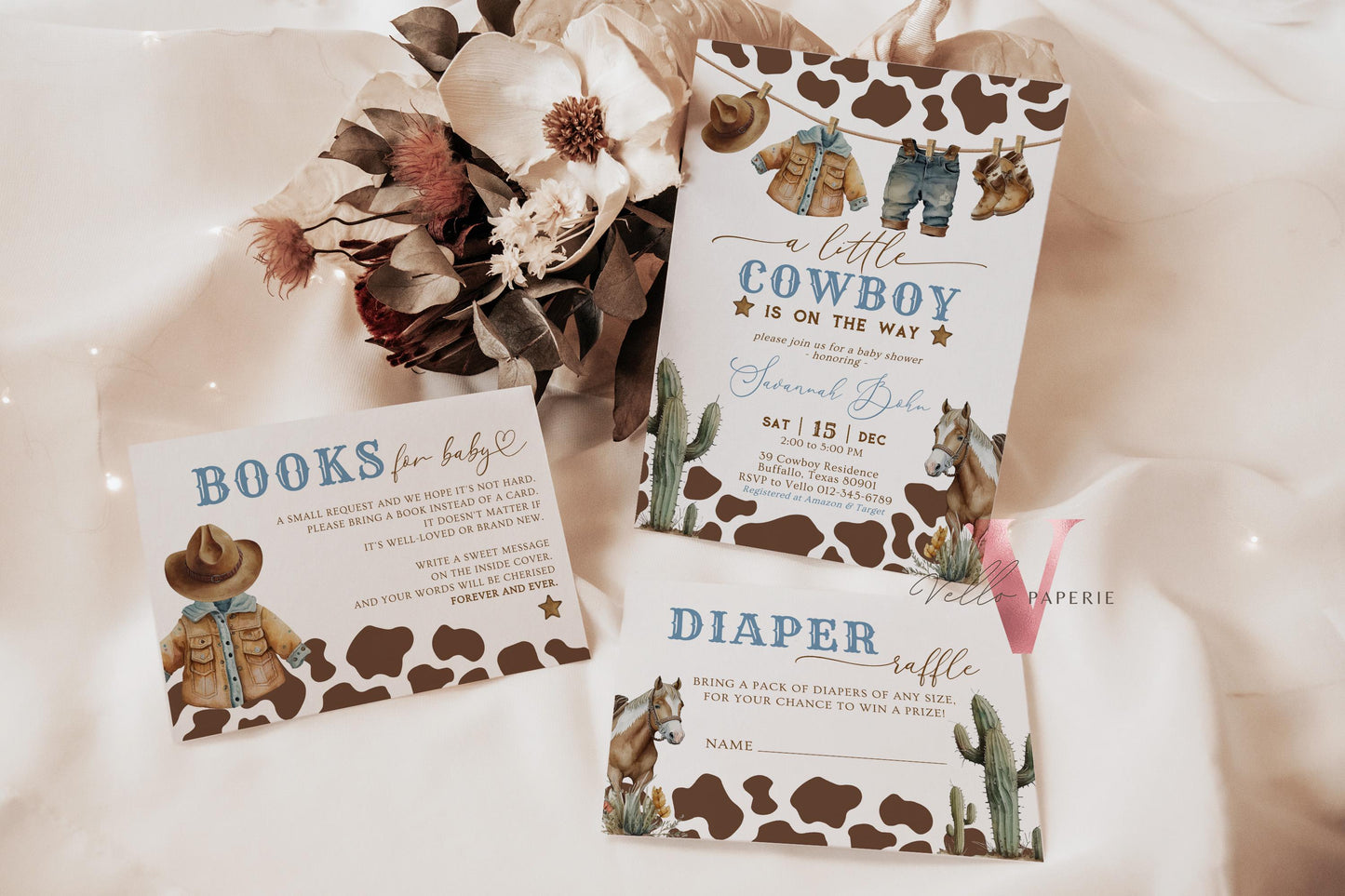 Editable Cowboy Baby Shower Invitation | Wild West Baby Shower Invite | Western Country Rodeo Baby Boy, Cow Print Boot Cactus Horse CBB01