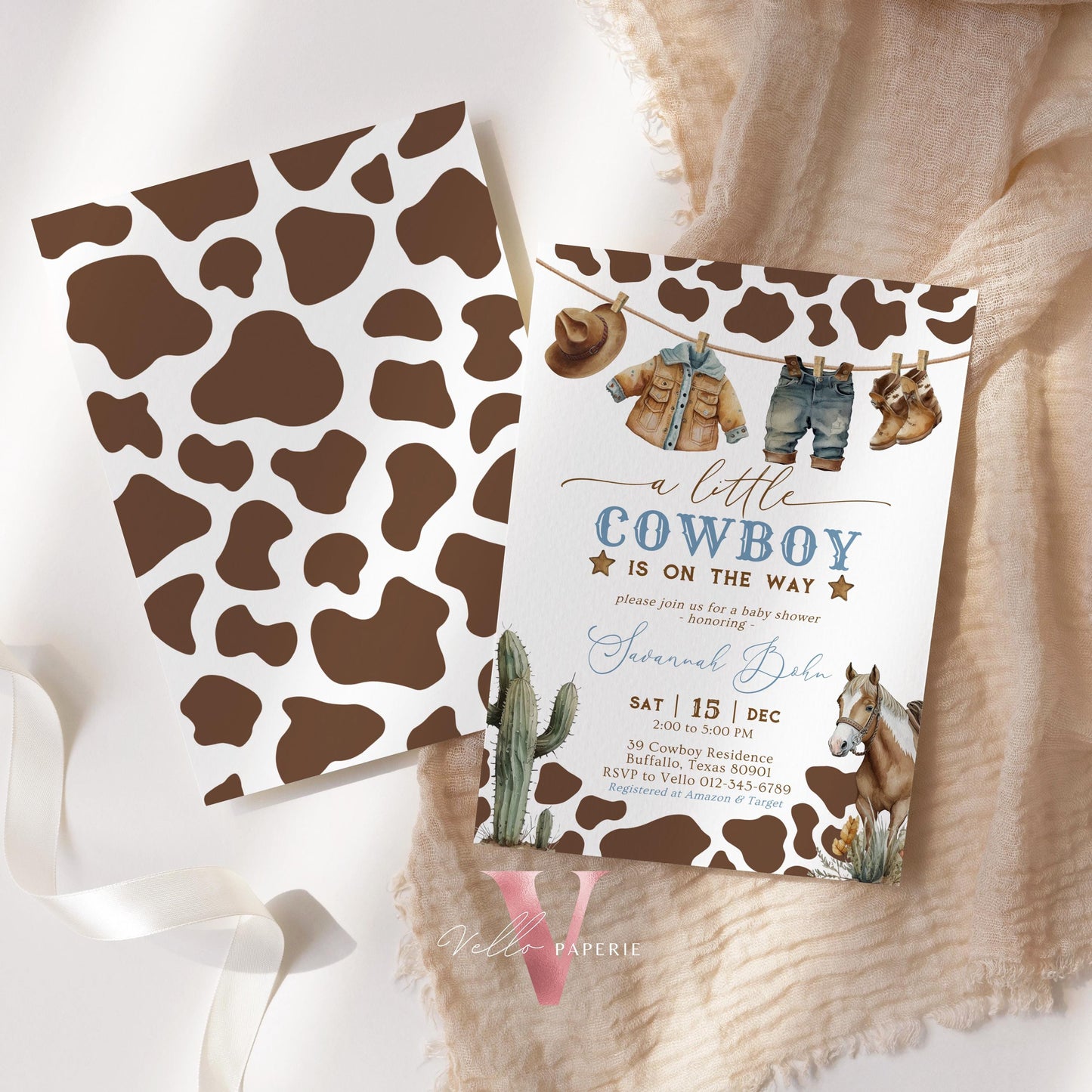 Editable Cowboy Baby Shower Invitation | Wild West Baby Shower Invite | Western Country Rodeo Baby Boy, Cow Print Boot Cactus Horse CBB01