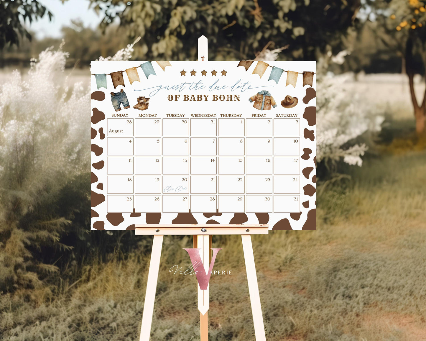 Editable Cowboy Baby Shower Due Date Calendar | Wild West Baby Guess Birth Date | Western Country Rodeo Baby Boy Party Game CBB01