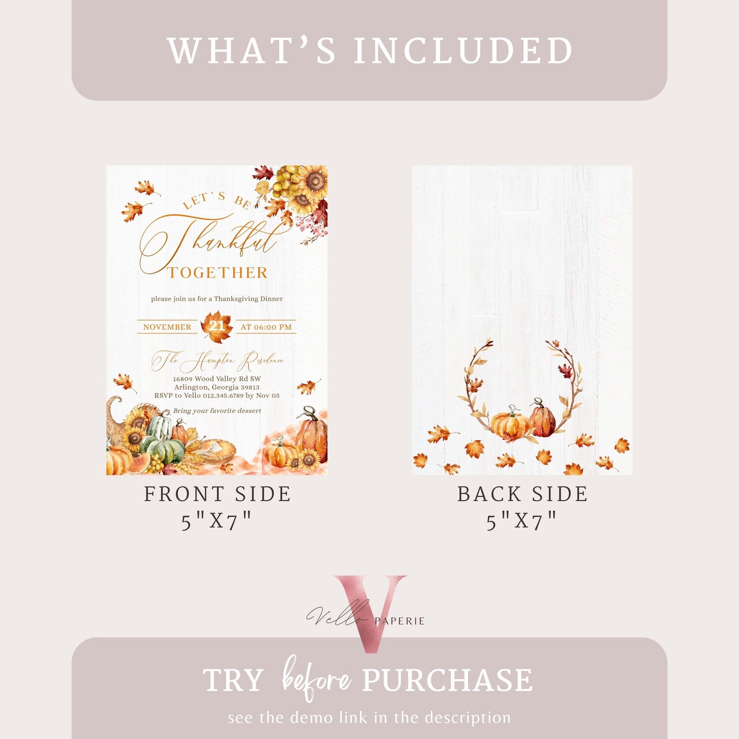 Lets Thankful Together Autumn Thanksgiving Invitation | FALL Friendsgiving Invite | Potluck Modern Rustic Pumpkin Casual Thanksgiving Dinner