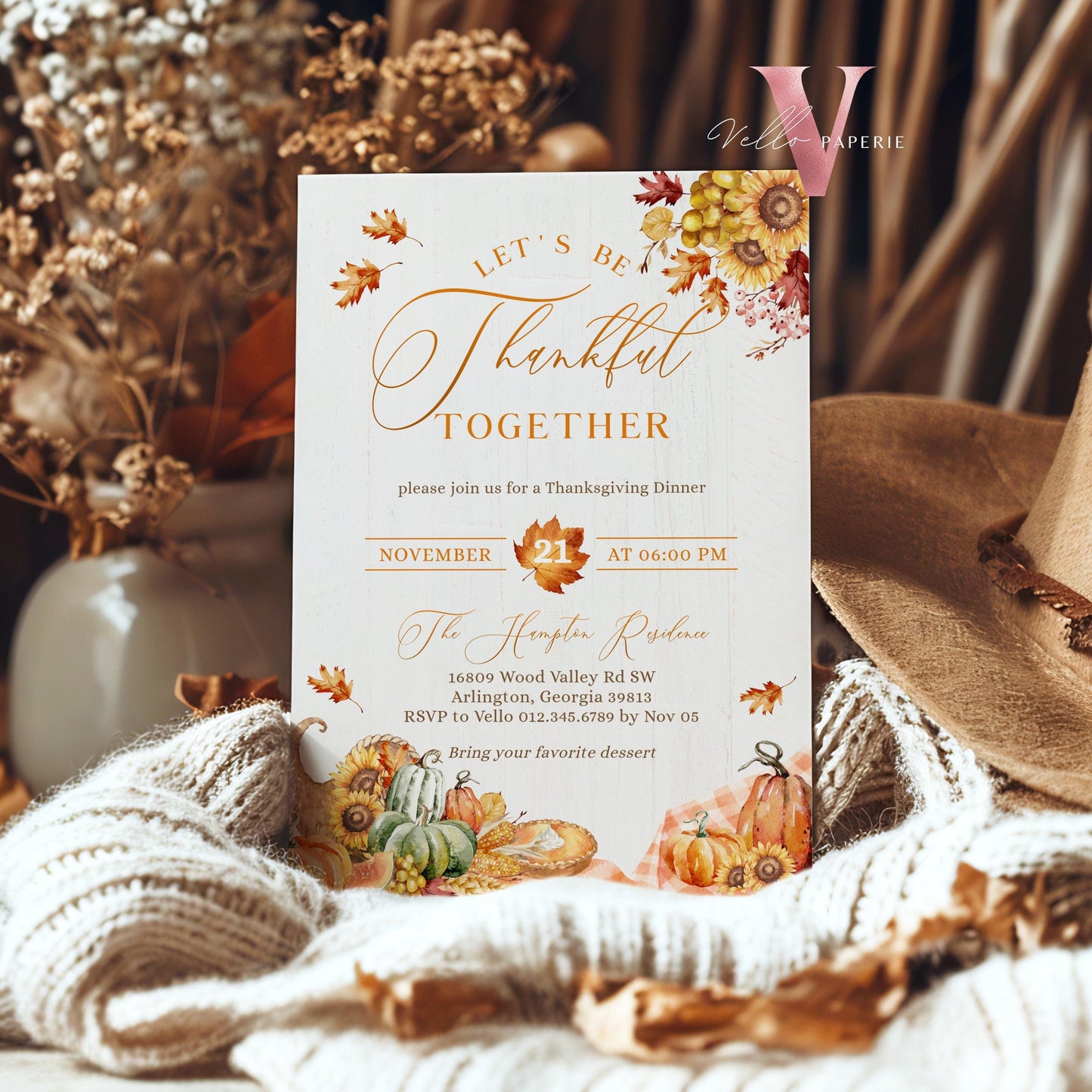 Lets Thankful Together Autumn Thanksgiving Invitation | FALL Friendsgiving Invite | Potluck Modern Rustic Pumpkin Casual Thanksgiving Dinner
