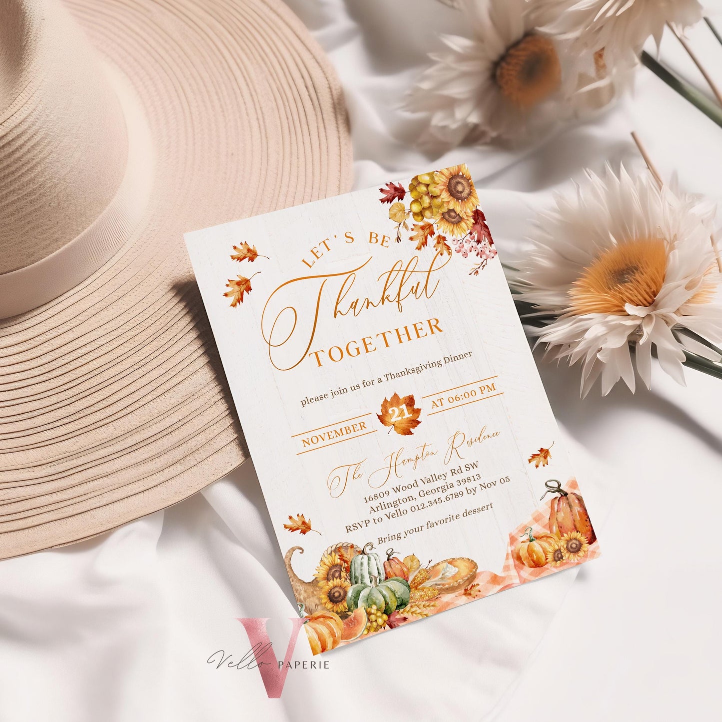 Lets Thankful Together Autumn Thanksgiving Invitation | FALL Friendsgiving Invite | Potluck Modern Rustic Pumpkin Casual Thanksgiving Dinner