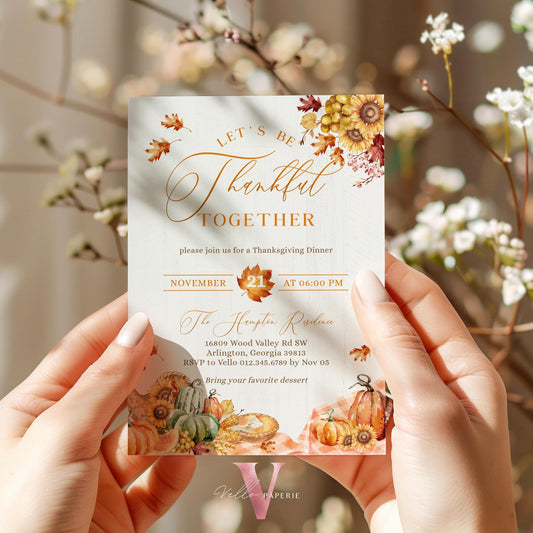 Lets Thankful Together Autumn Thanksgiving Invitation | FALL Friendsgiving Invite | Potluck Modern Rustic Pumpkin Casual Thanksgiving Dinner