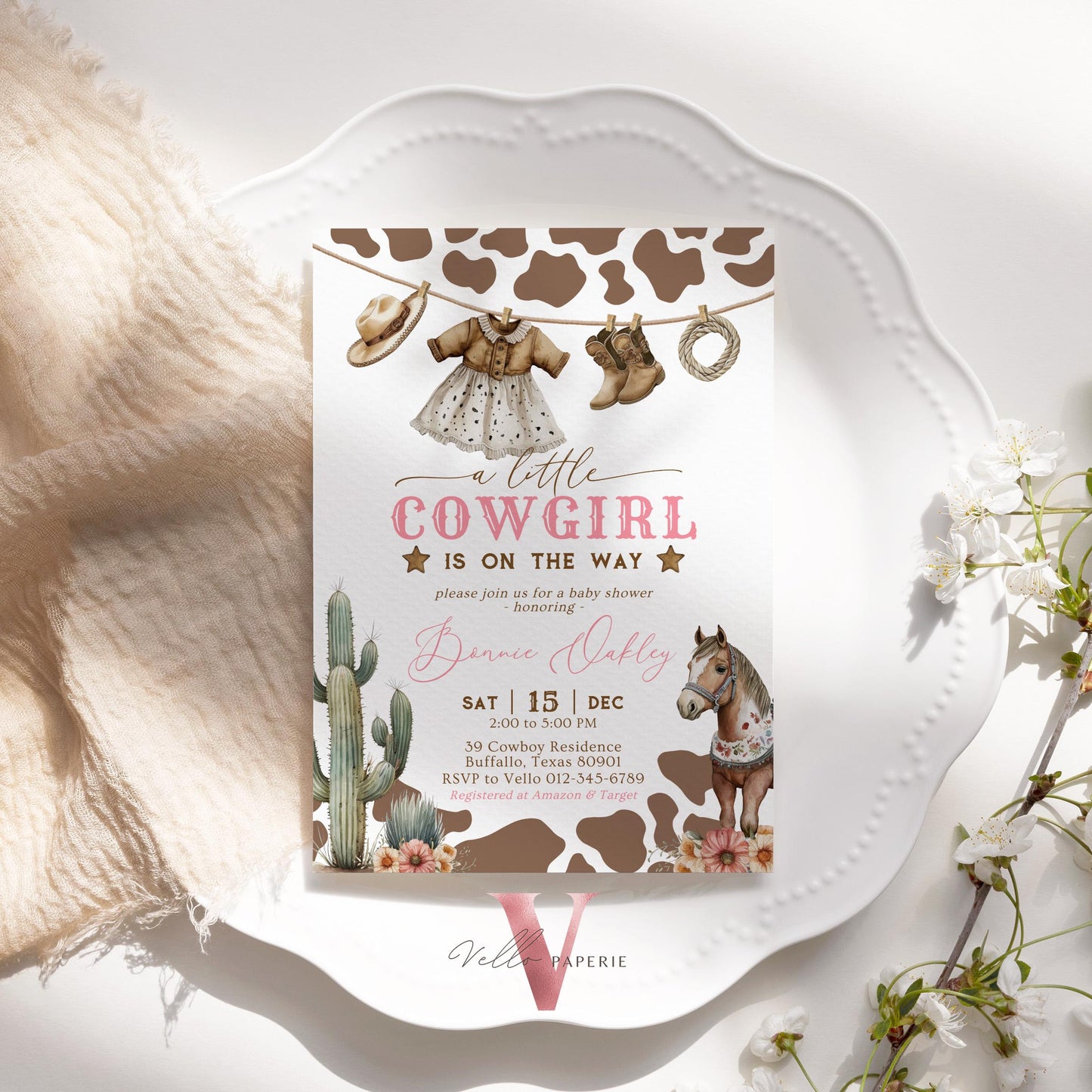 Editable Cowgirl Baby Shower Invitation Set | Wild West Baby Shower Invite | Pink Western Country Rodeo Baby Girl Cow Boot Cactus Horse