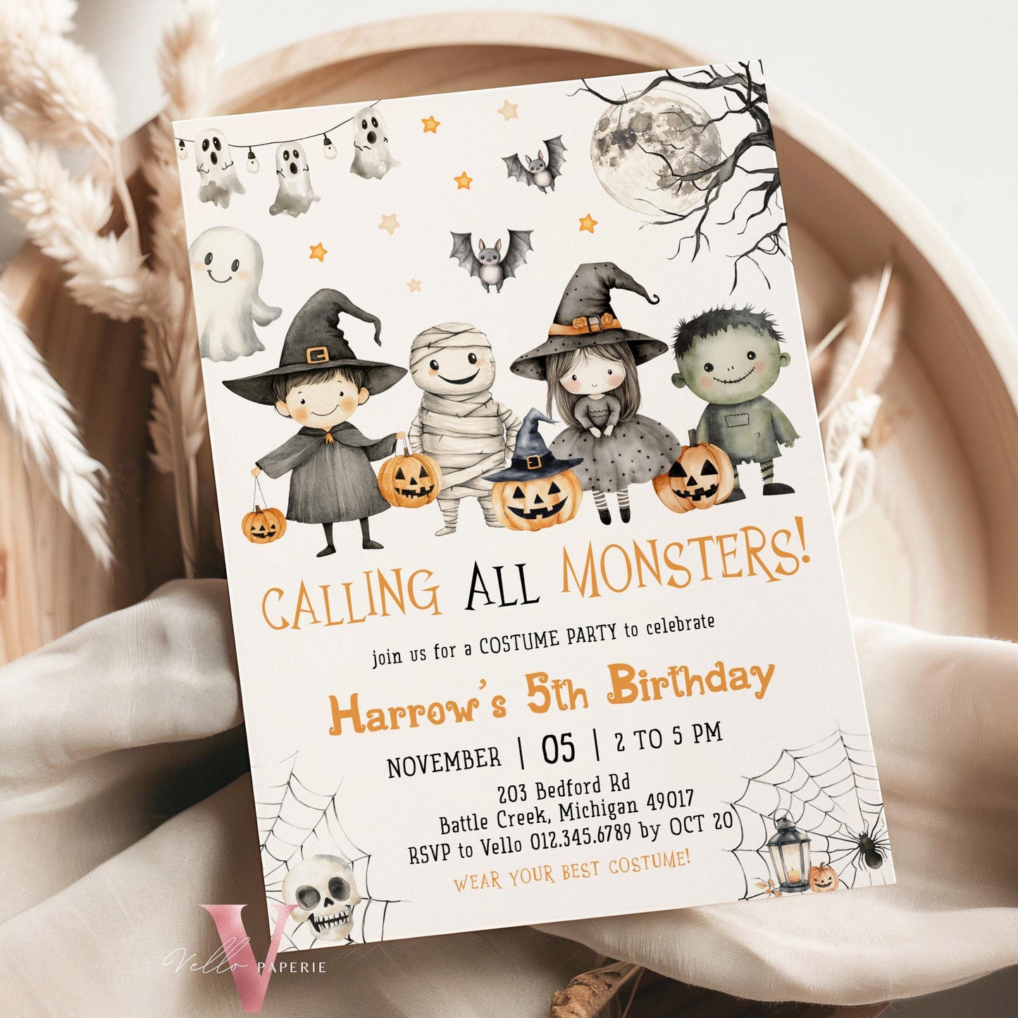 Editable Spooky Monster Halloween Kid Birthday Invitation | Neutral Cute Halloween Ghost Invite | ANY AGE Spooktacular Costume Party