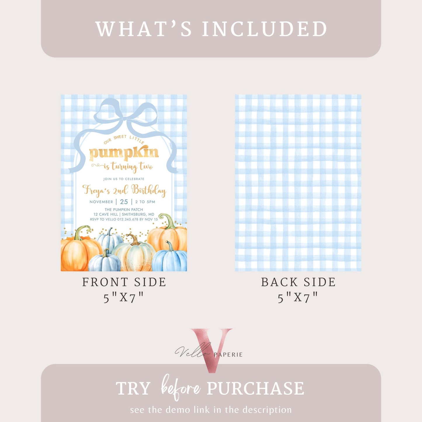 Little Pumpkin ANY AGE Fall Birthday Party Invitation | Autumn Pumpkin Patch Birthday Invite |Modern Blue Orange Gold Little Pumpkin Gingham