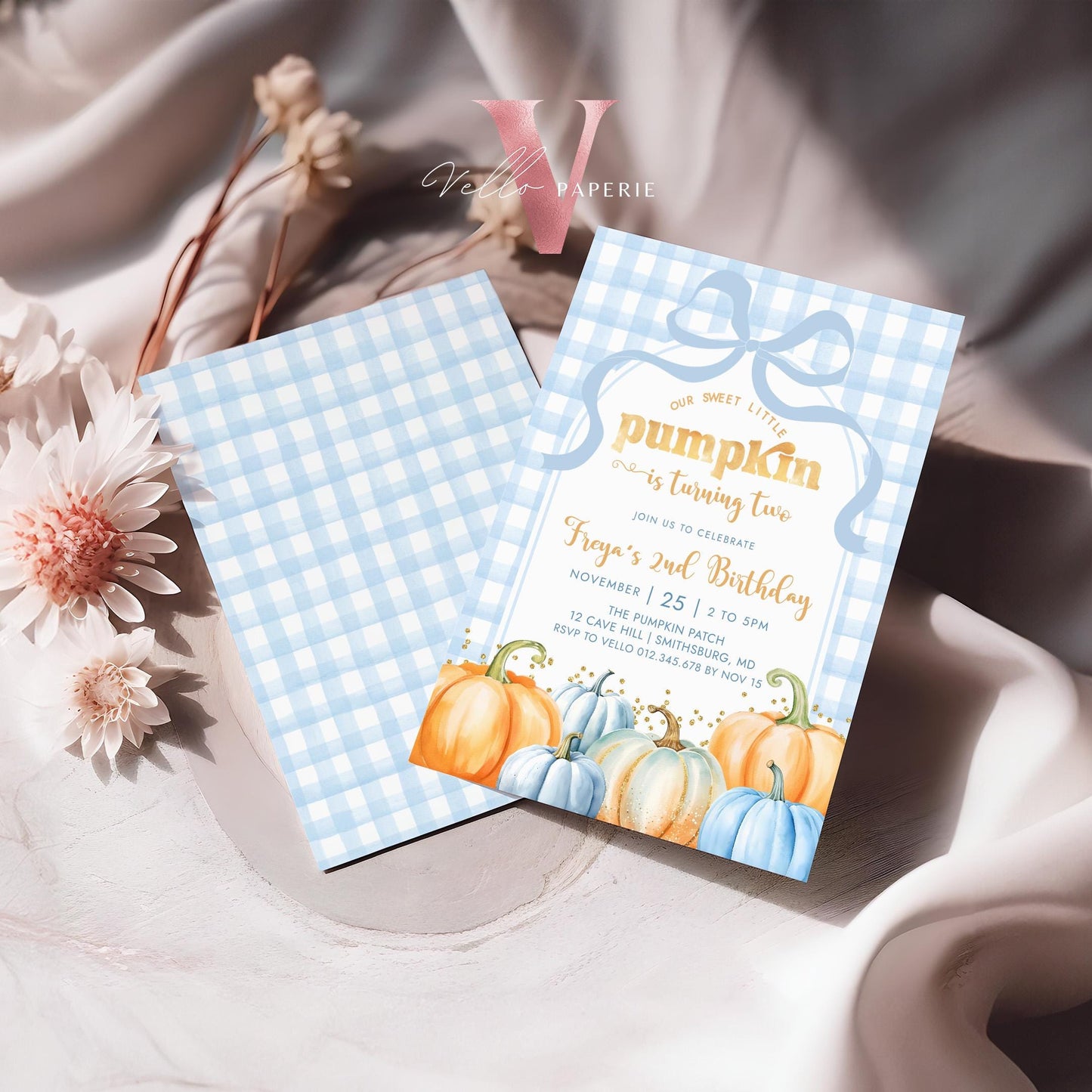 Little Pumpkin ANY AGE Fall Birthday Party Invitation | Autumn Pumpkin Patch Birthday Invite |Modern Blue Orange Gold Little Pumpkin Gingham