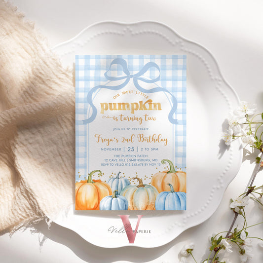 Little Pumpkin ANY AGE Fall Birthday Party Invitation | Autumn Pumpkin Patch Birthday Invite |Modern Blue Orange Gold Little Pumpkin Gingham