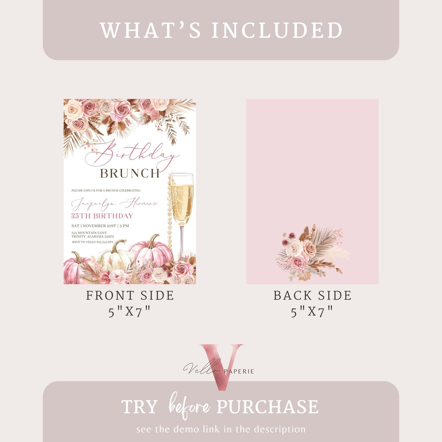 BOHO Pink FALL Pumpkin Birthday Brunch Dinner Invitation | Autumn Pumpkin Prosesco Floral Party Invite | Blush Pink Terracota Flower Autumn