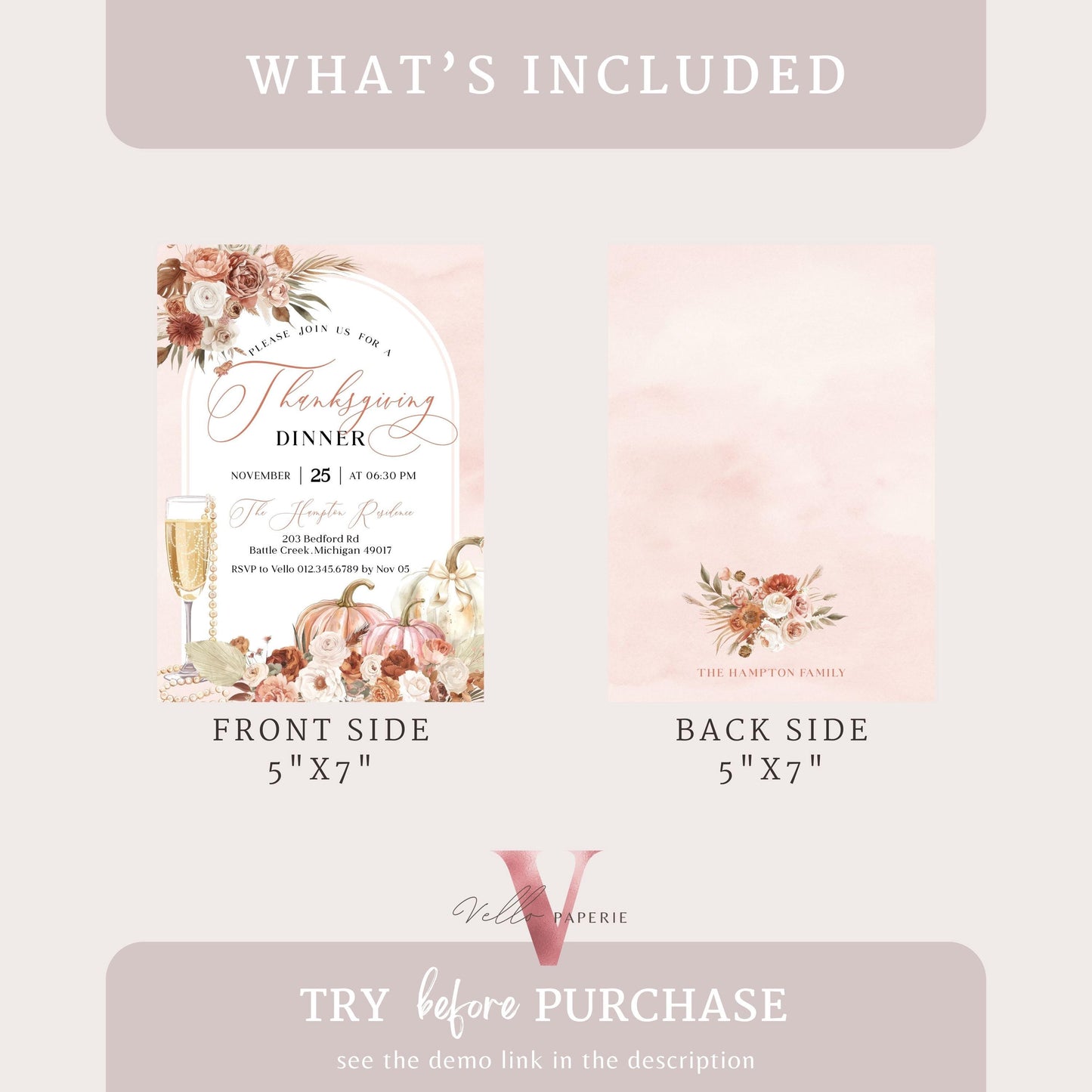 BOHO Autumn Thanksgiving DINNER Invitation | FALL Lets Thankful Together Friendsgiving Invite | Blush Pink Modern Boho Pumpkin Thanksgiving