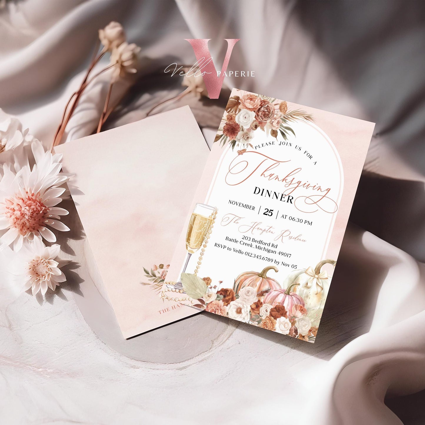 BOHO Autumn Thanksgiving DINNER Invitation | FALL Lets Thankful Together Friendsgiving Invite | Blush Pink Modern Boho Pumpkin Thanksgiving
