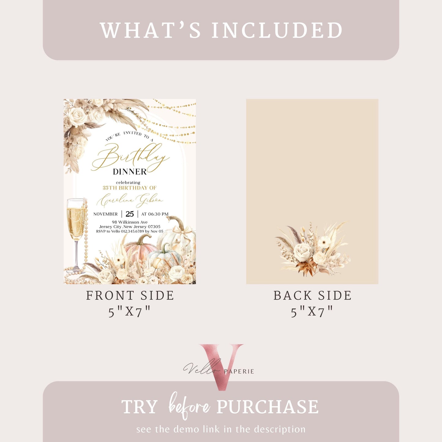 BOHO Pumpkin Modern Birthday Party Invitation | Autumn Pumpkin & Prosesco Floral Birthday Invite | Fall Bohemian Beige Pampas Grass Golden