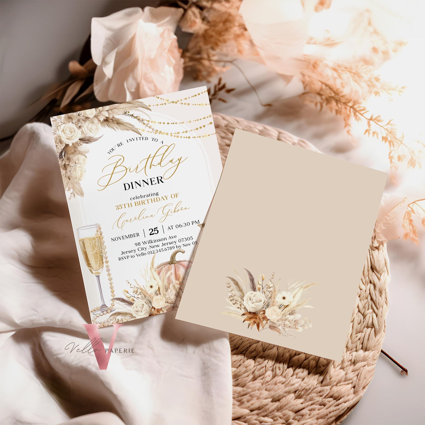 BOHO Pumpkin Modern Birthday Party Invitation | Autumn Pumpkin & Prosesco Floral Birthday Invite | Fall Bohemian Beige Pampas Grass Golden