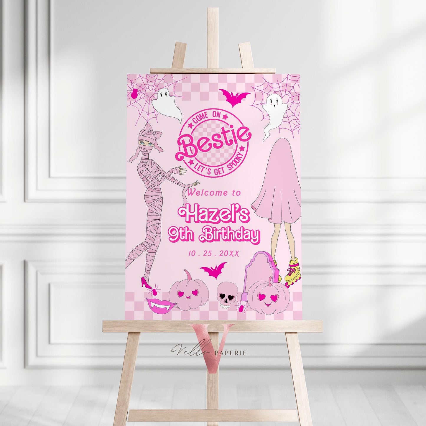 Editable "Bestie" Spooky Pink Doll Halloween Water Bottle Label | Cute Pink Ghost Maliboo Spooktacular Party Favors Juice Label PH01