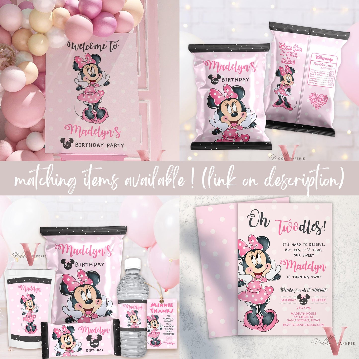 Self Editable Oh TWOdles Minnie Mouse Birthday Invitation, Light Pink Polka Dot Invite 2 years Girl Second Birthday Instant Template MMB01