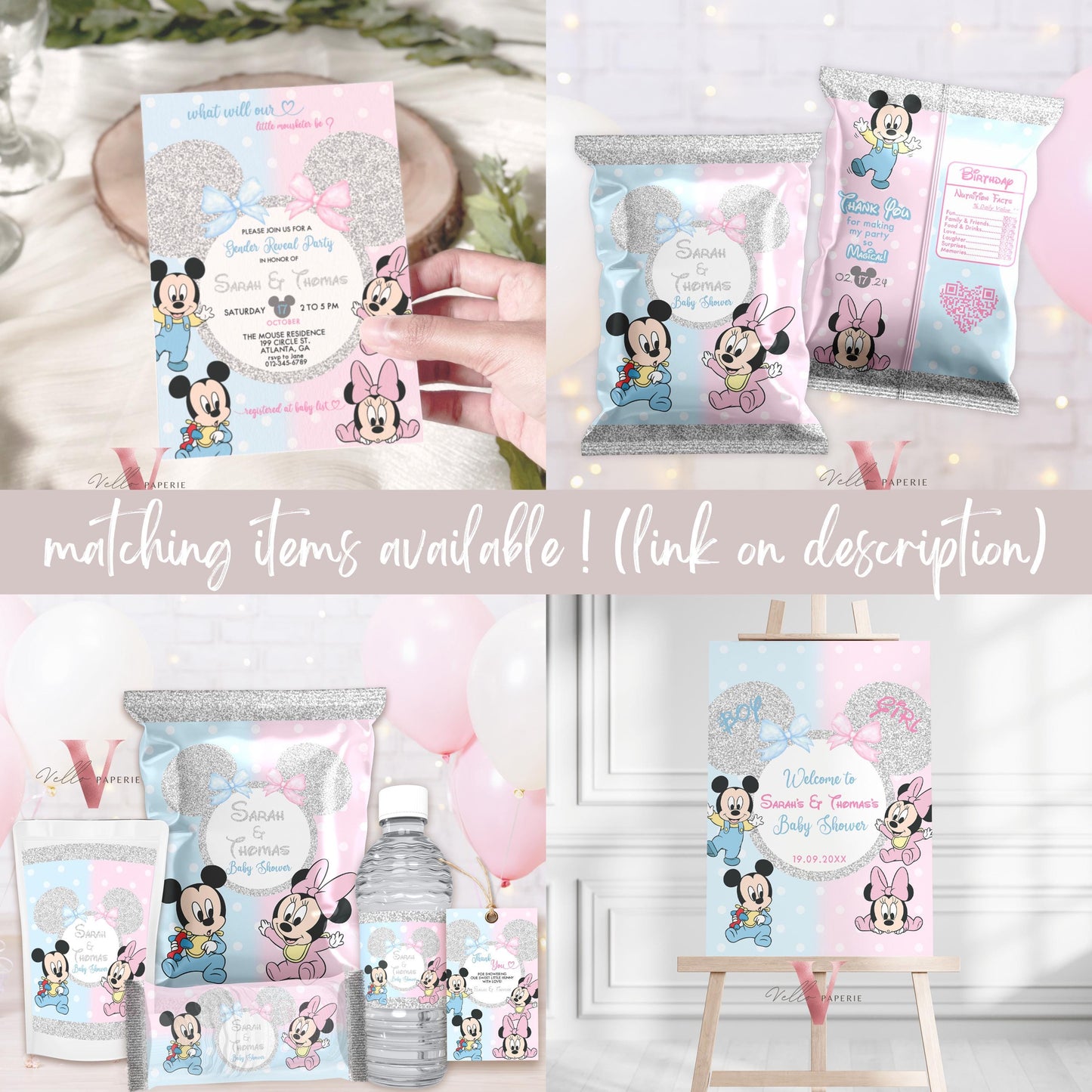 Minnie Mickey Baby Shower Invitation | Editable Printable Blue Pink Baby Shower Party Invite | Mouseketeer Gender Reveal Party Invite MBS01