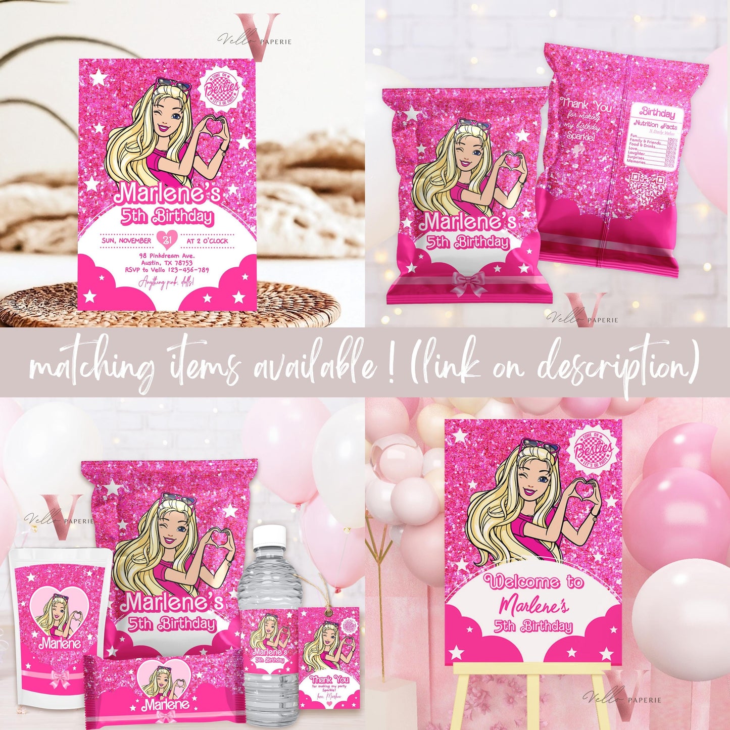 Editable Fashion Pink Doll Sparkle Cartoon Birthday Invitation | Pink Doll Glitter | Cute Pink Barbi Princess Party Invite Instant  HPD02