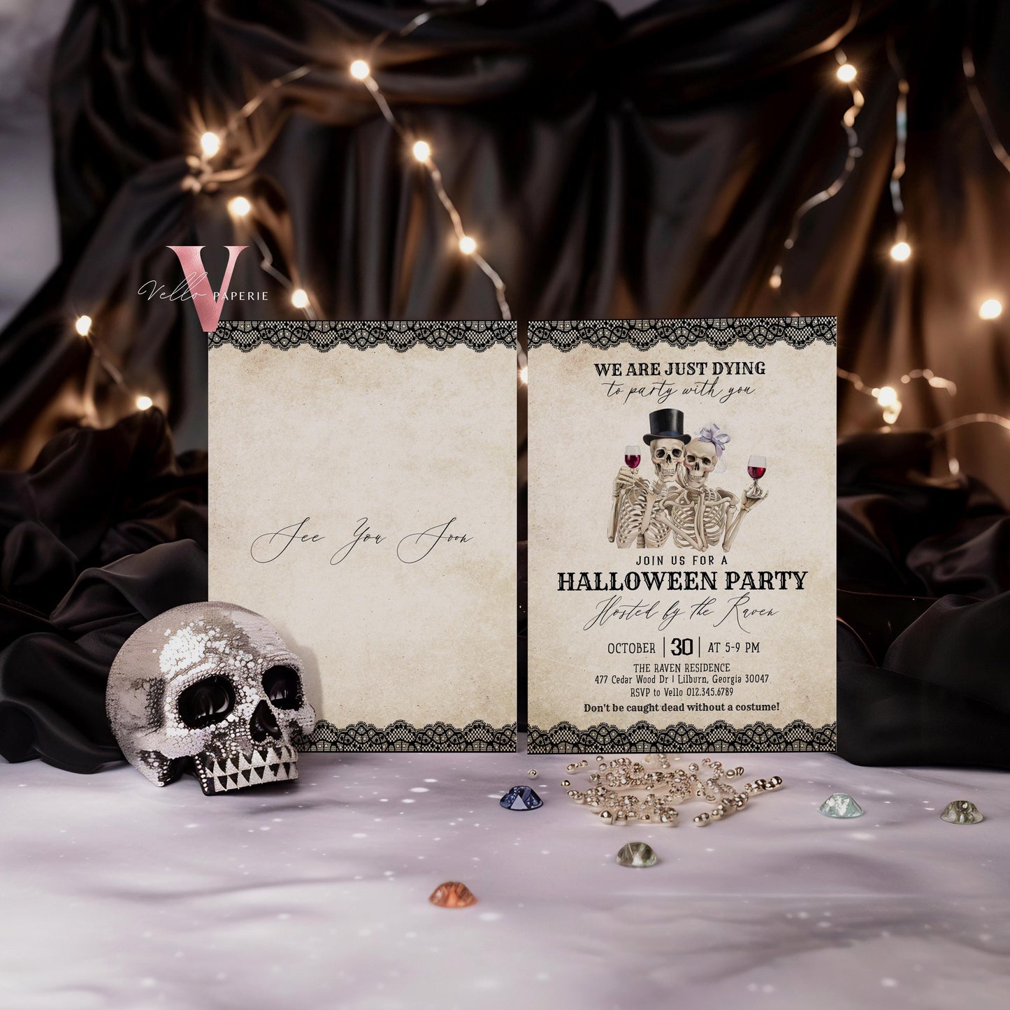 Editable Modern Vintage Halloween Invitation | We re DYING to party with you Halloween Party Invite | Antique Adults Costume Party AHP01