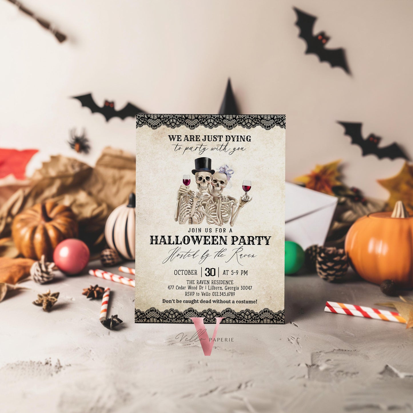 Editable Modern Vintage Halloween Invitation | We re DYING to party with you Halloween Party Invite | Antique Adults Costume Party AHP01