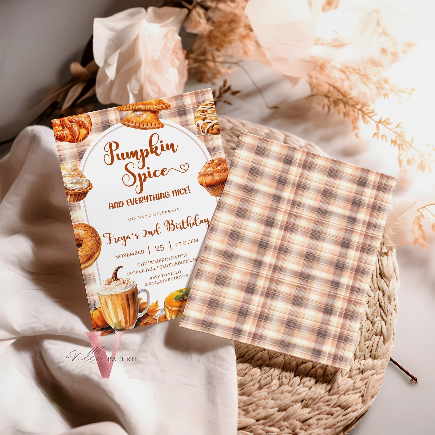 Editable Autumn Pumpkin Spice Birthday Party Invitation | FALL Pumpkin Dessert Drink Birthday Invite | Neutral Boy or Girl Kid Pumpkin Party