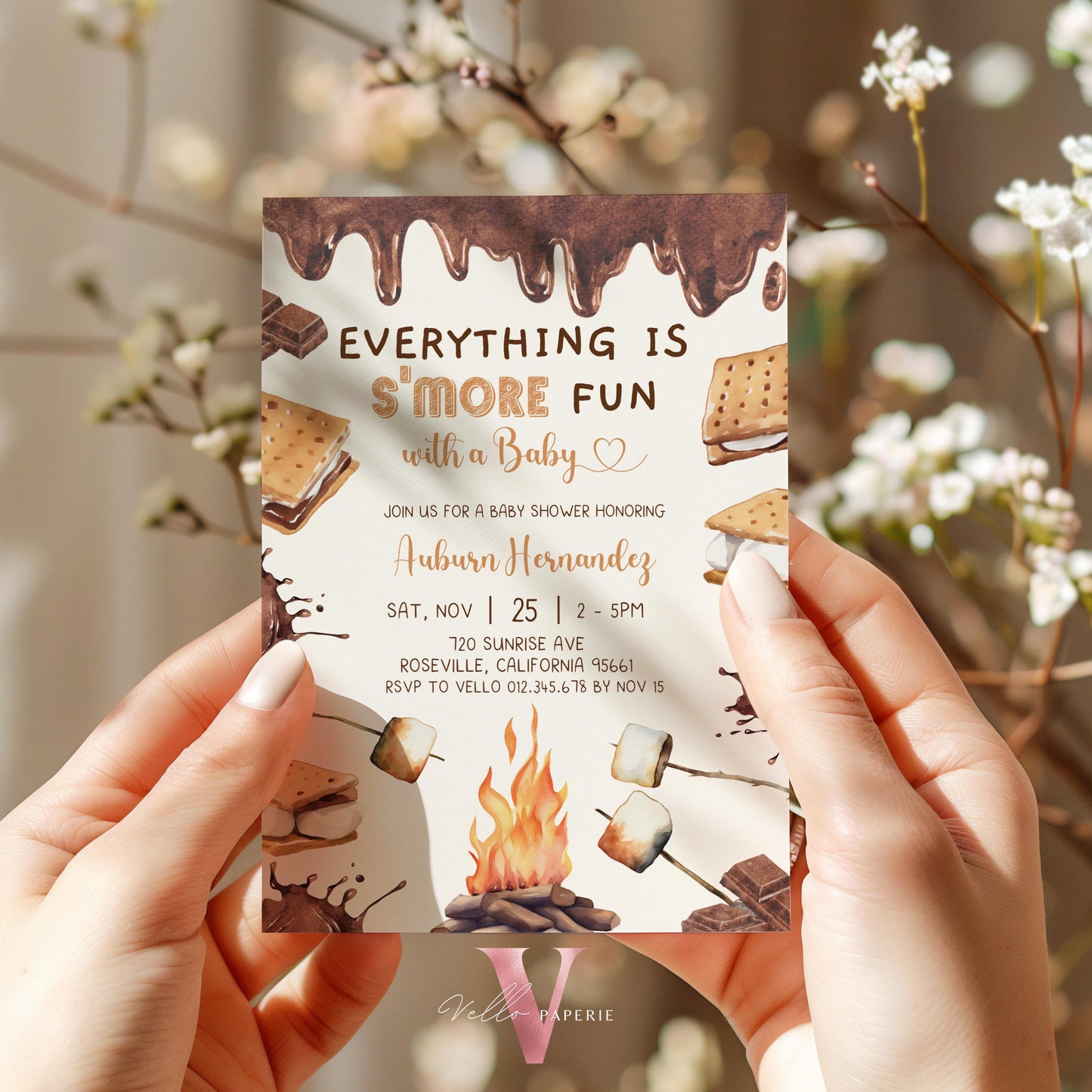 Editable S'mores Baby Shower Invitation | FALL Camping Bonfire Baby Shower | Campire Smore Fun with Baby Party | Autumn Couple Shower SBS01