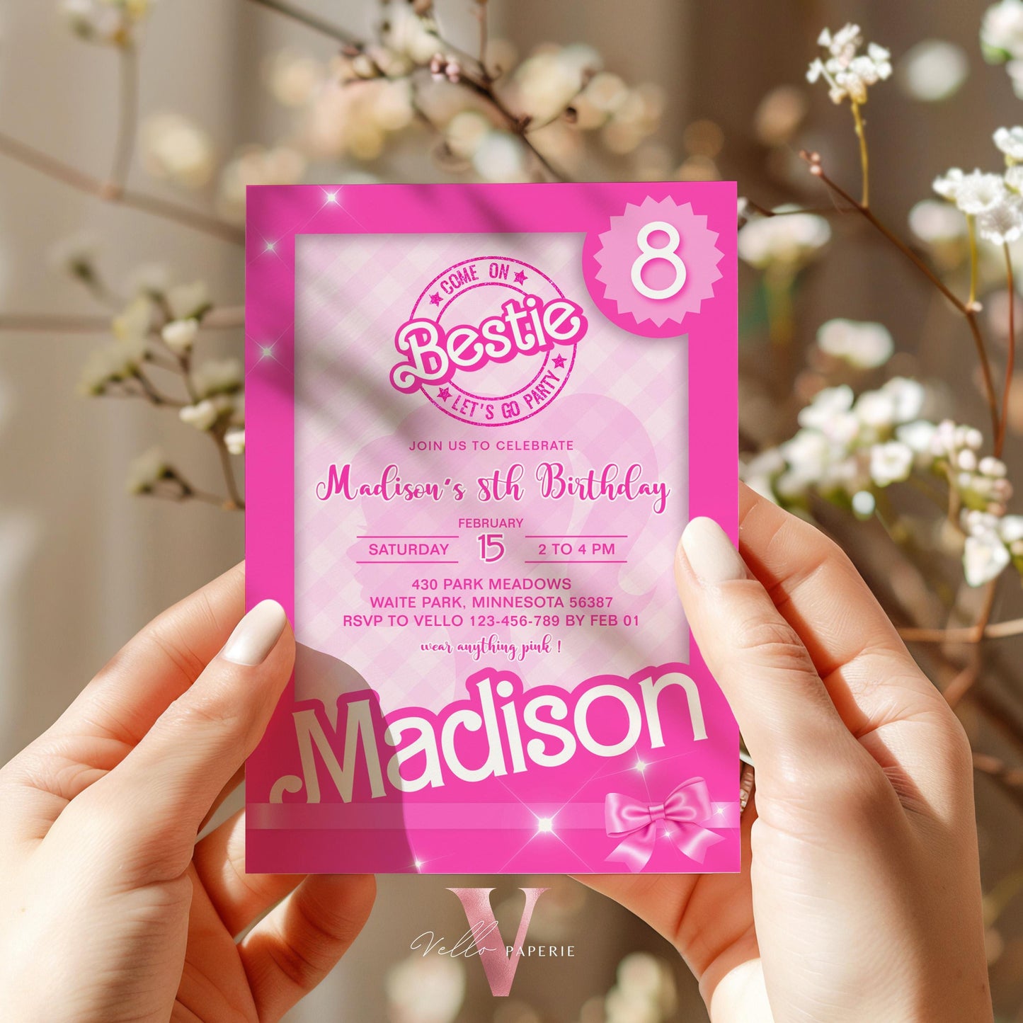 Editable "Bestie" Pink Sparkle Fashion Doll Box Birthday Invitation | Pink Fashion Doll Come On Lets Go Party Invite Instant Template PD29
