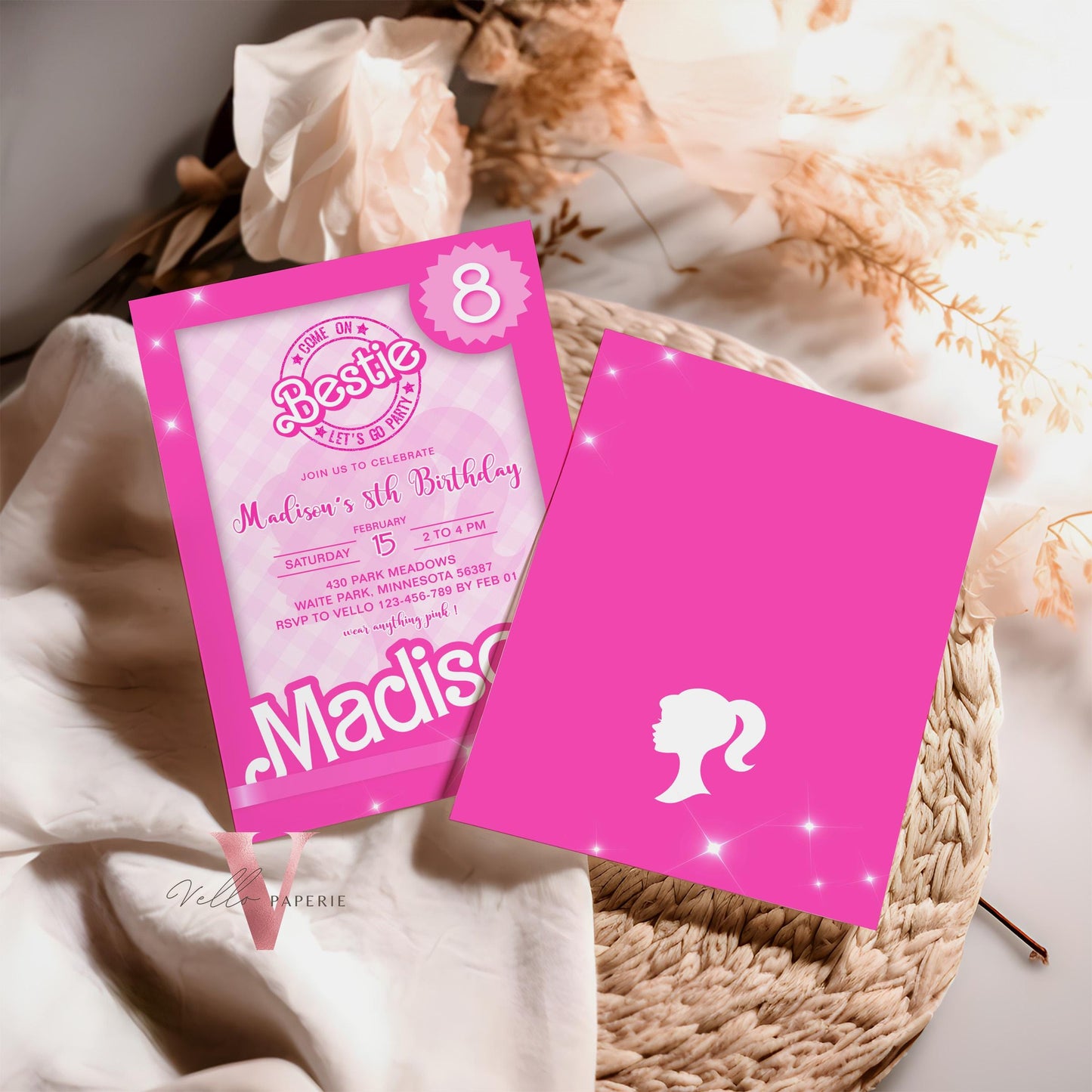 Editable "Bestie" Pink Sparkle Fashion Doll Box Birthday Invitation | Pink Fashion Doll Come On Lets Go Party Invite Instant Template PD29