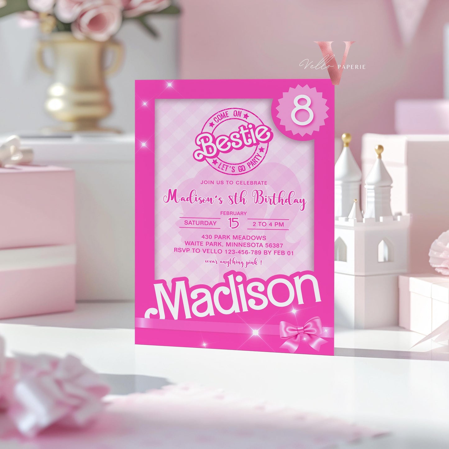 Editable "Bestie" Pink Sparkle Fashion Doll Box Birthday Invitation | Pink Fashion Doll Come On Lets Go Party Invite Instant Template PD29